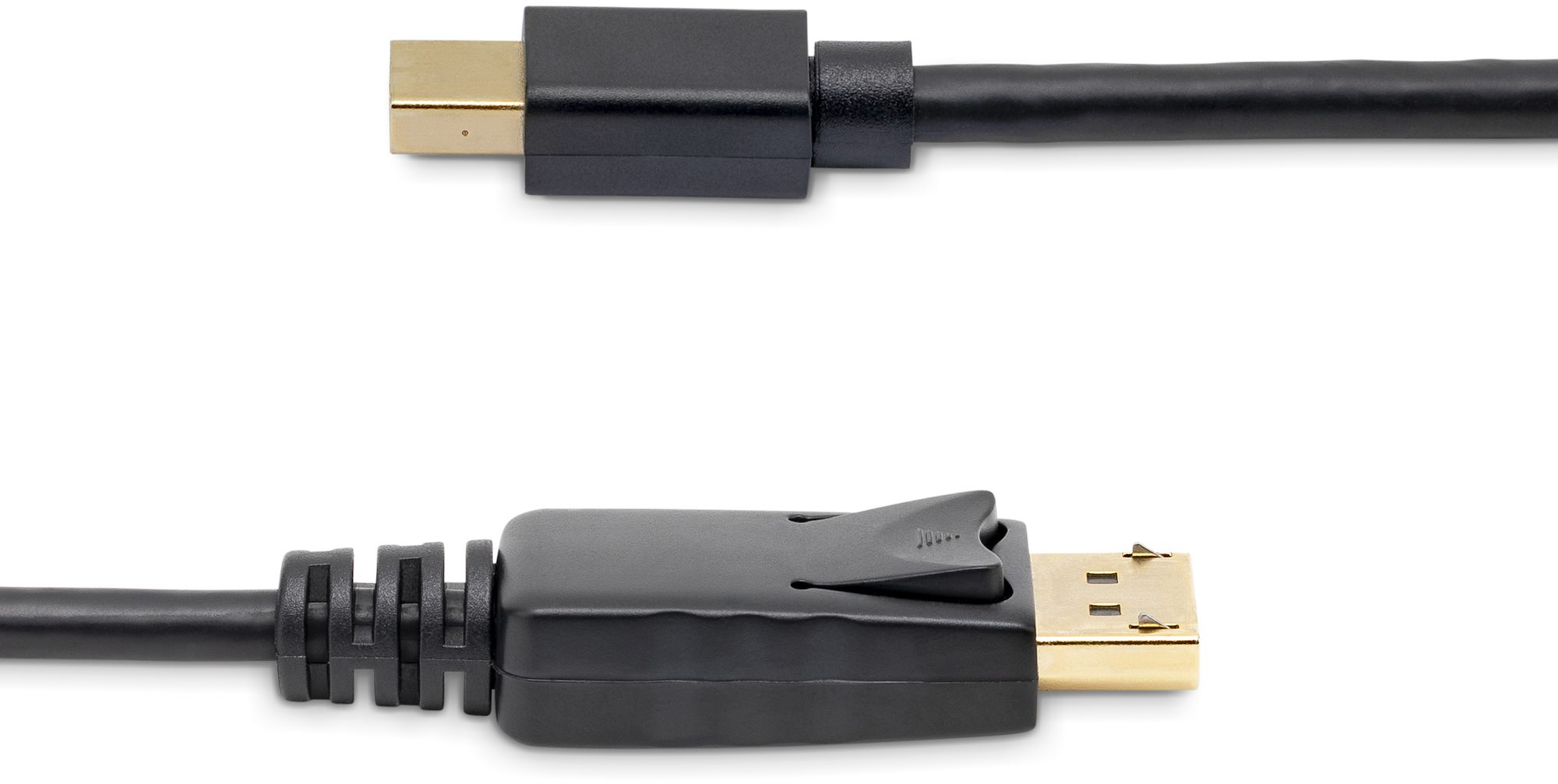 Két fekete DisplayPort kábel arany csatlakozókkal fehér háttéren.