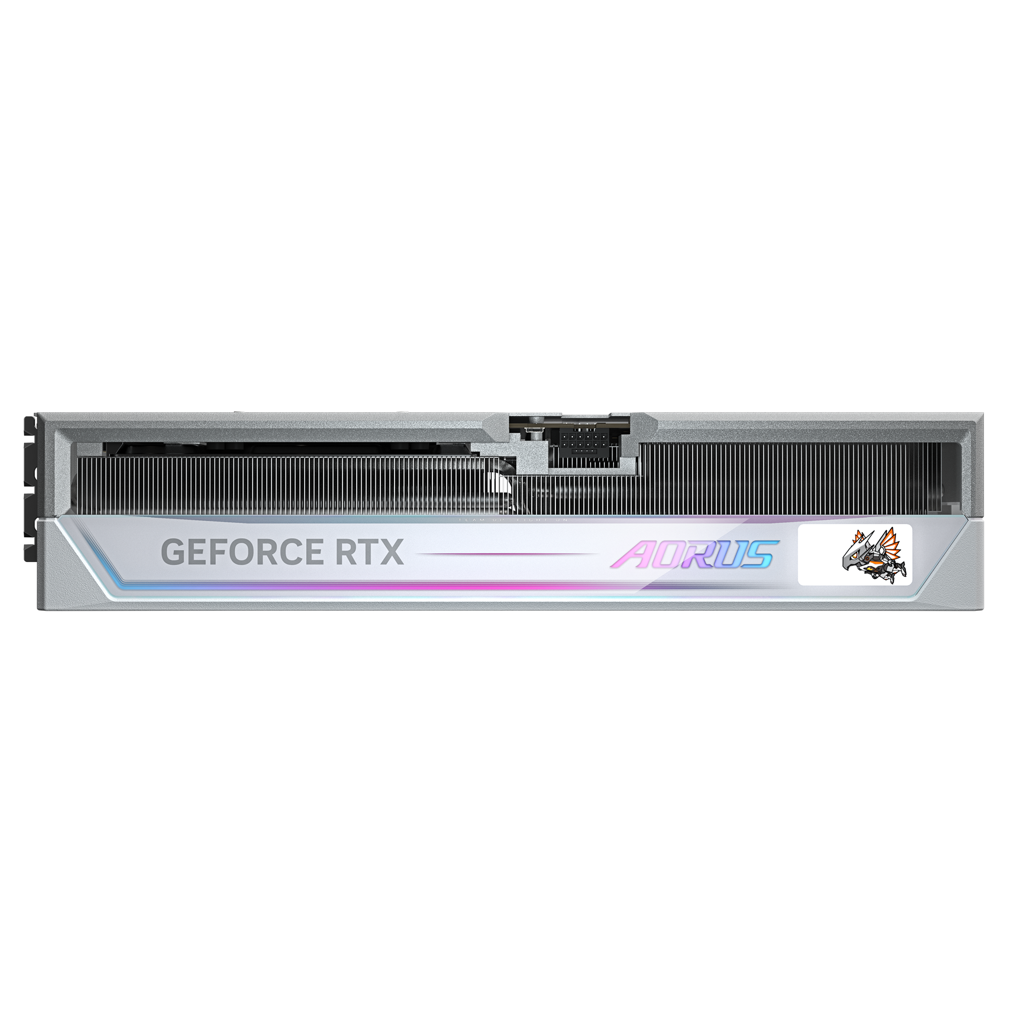 Silberne und weiße GeForce RTX AORUS Grafikkarte, Text sichtbar.