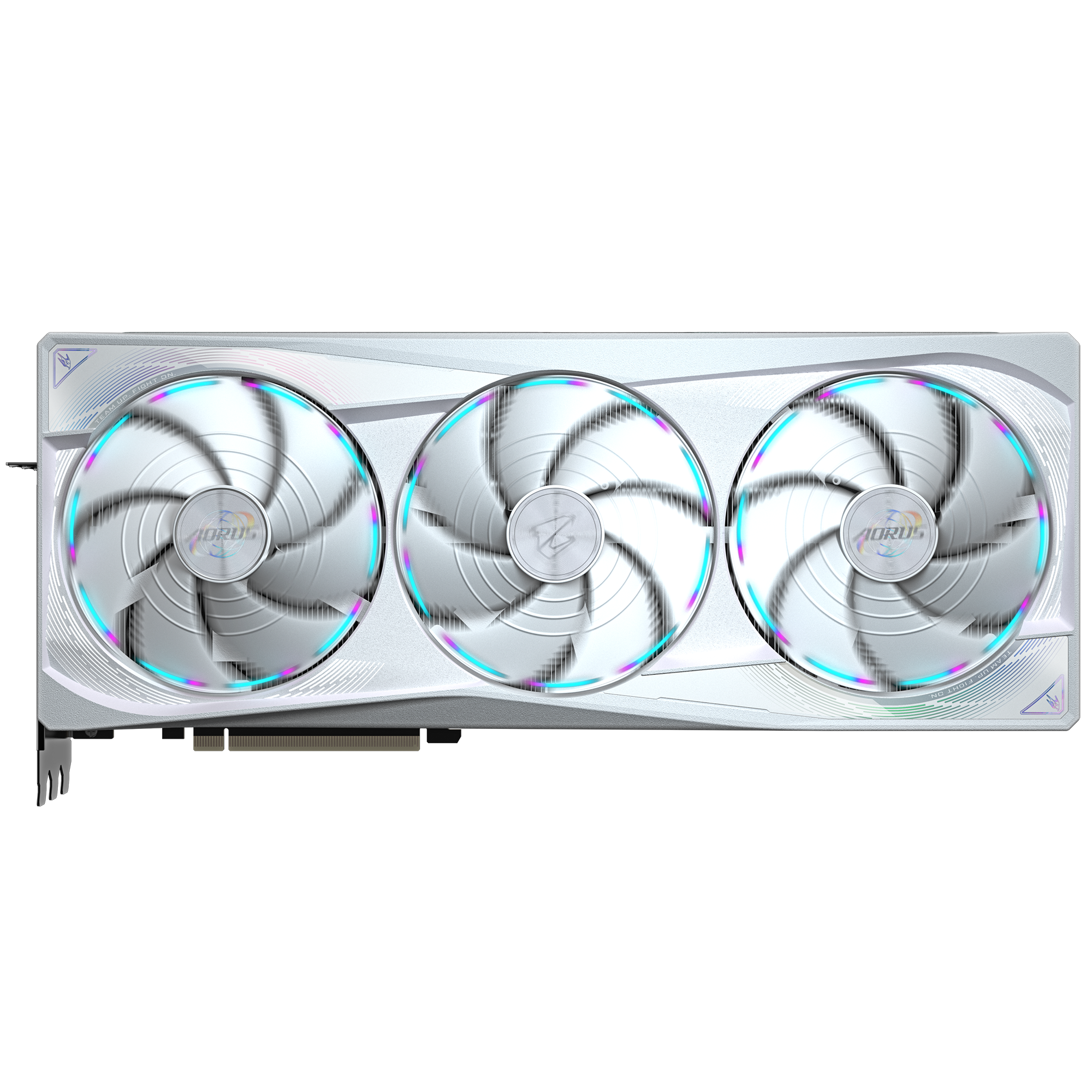 Eine weiße Grafikkarte mit drei Lüftern. Jeder Lüfter hat bunte Lichter. AORUS-Branding sichtbar.