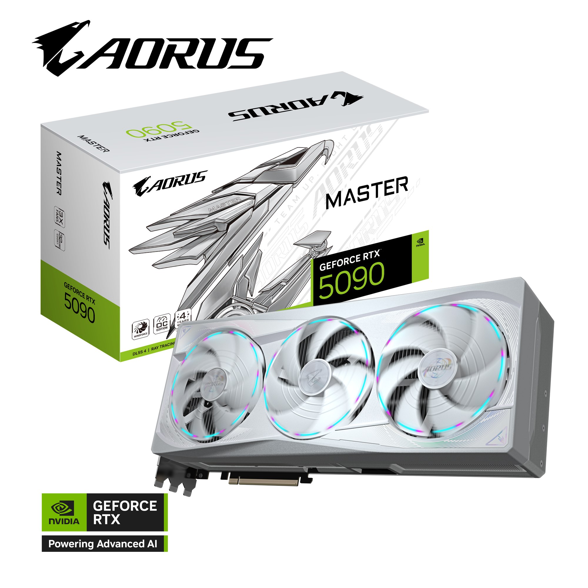 Aorus GeForce RTX 5090 Grafikkarte mit drei Lüftern, weiß-silbernem Design und Produktverpackung im Hintergrund.