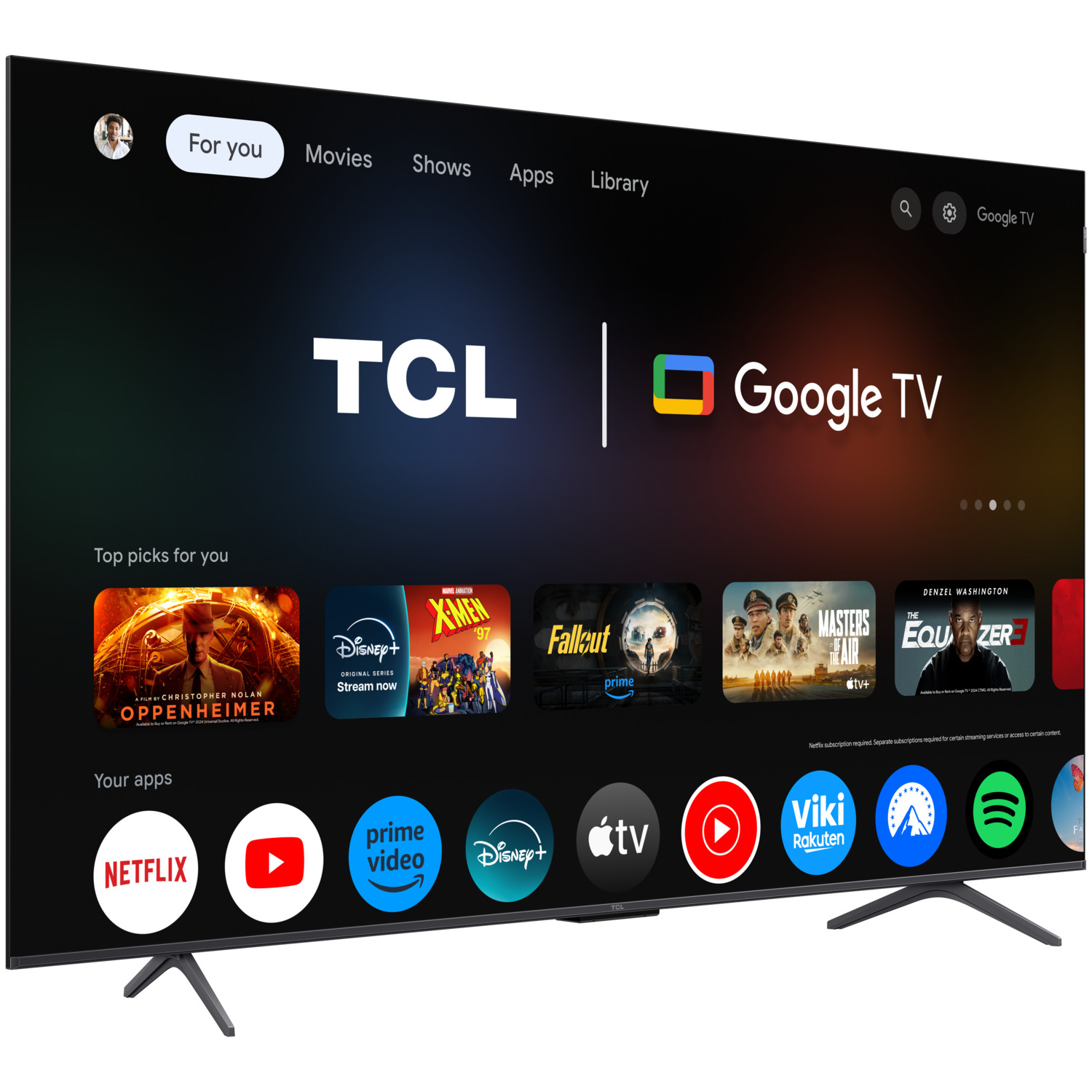A TCL Google TV on a stand, showing its interface.