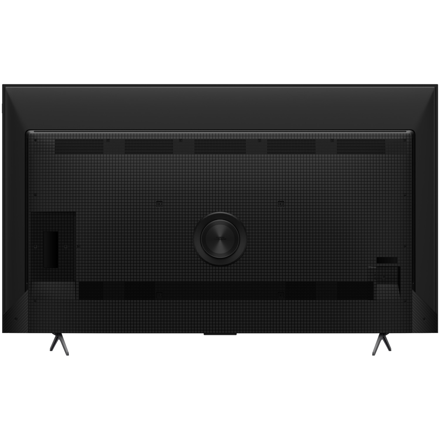 The back of a black TV with a grid pattern, connector ports, and a circular design.