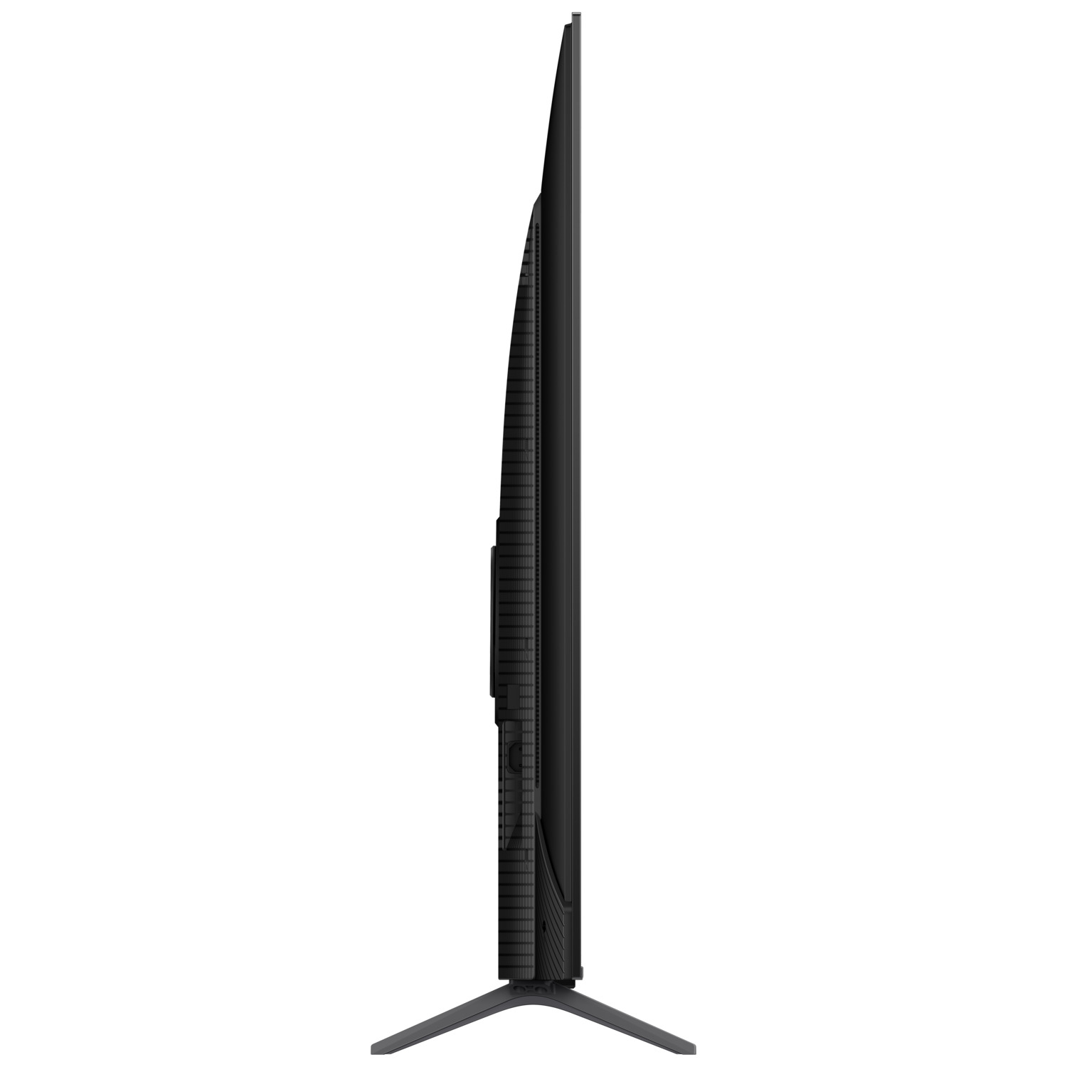 TV profile view, black screen and frame, with a stand, against a white background.