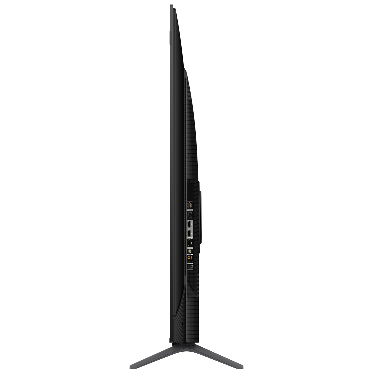 Side view of a black TV with ports and a stand.