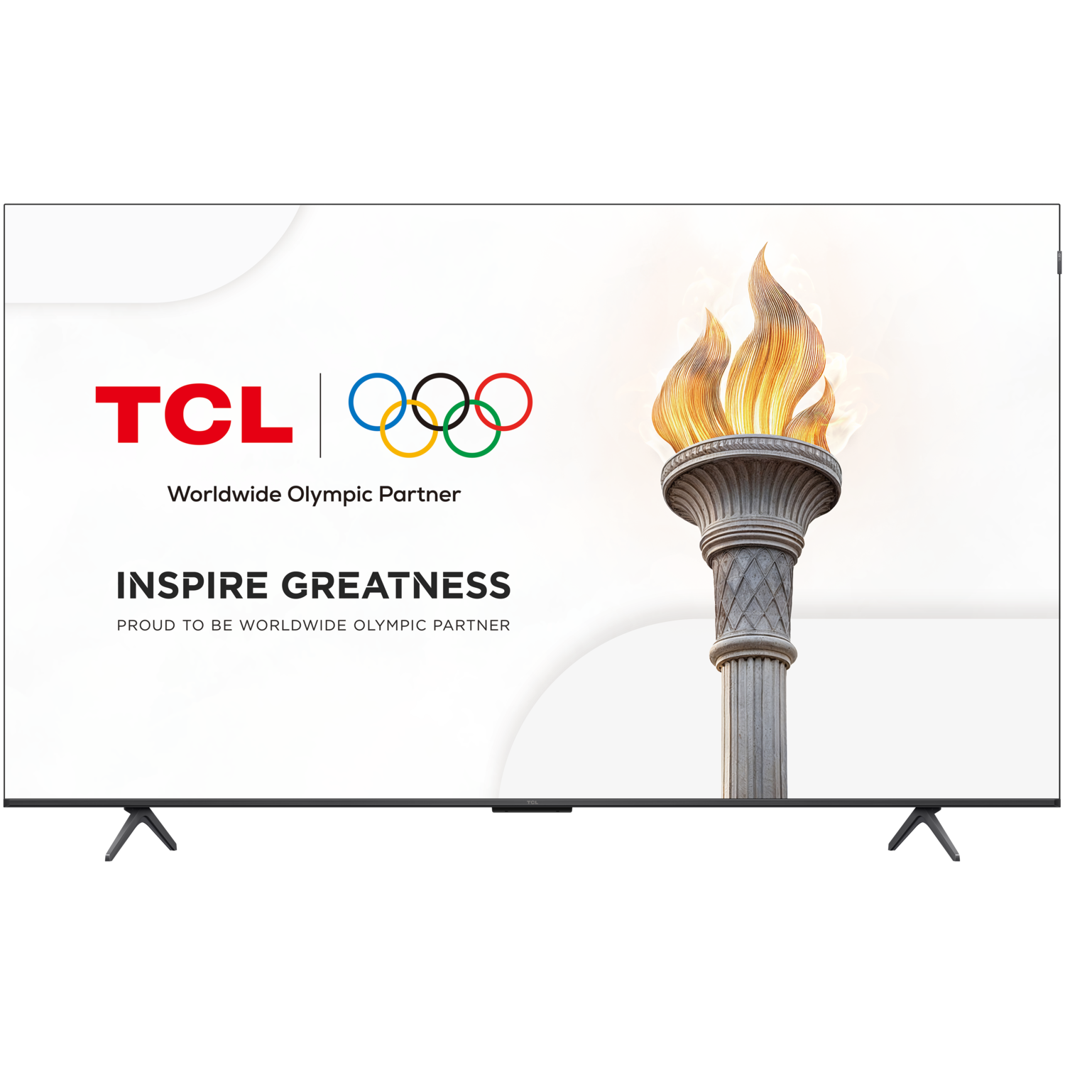 A TCL TV screen displaying a torch and the Olympic rings, with text, set on legs.
