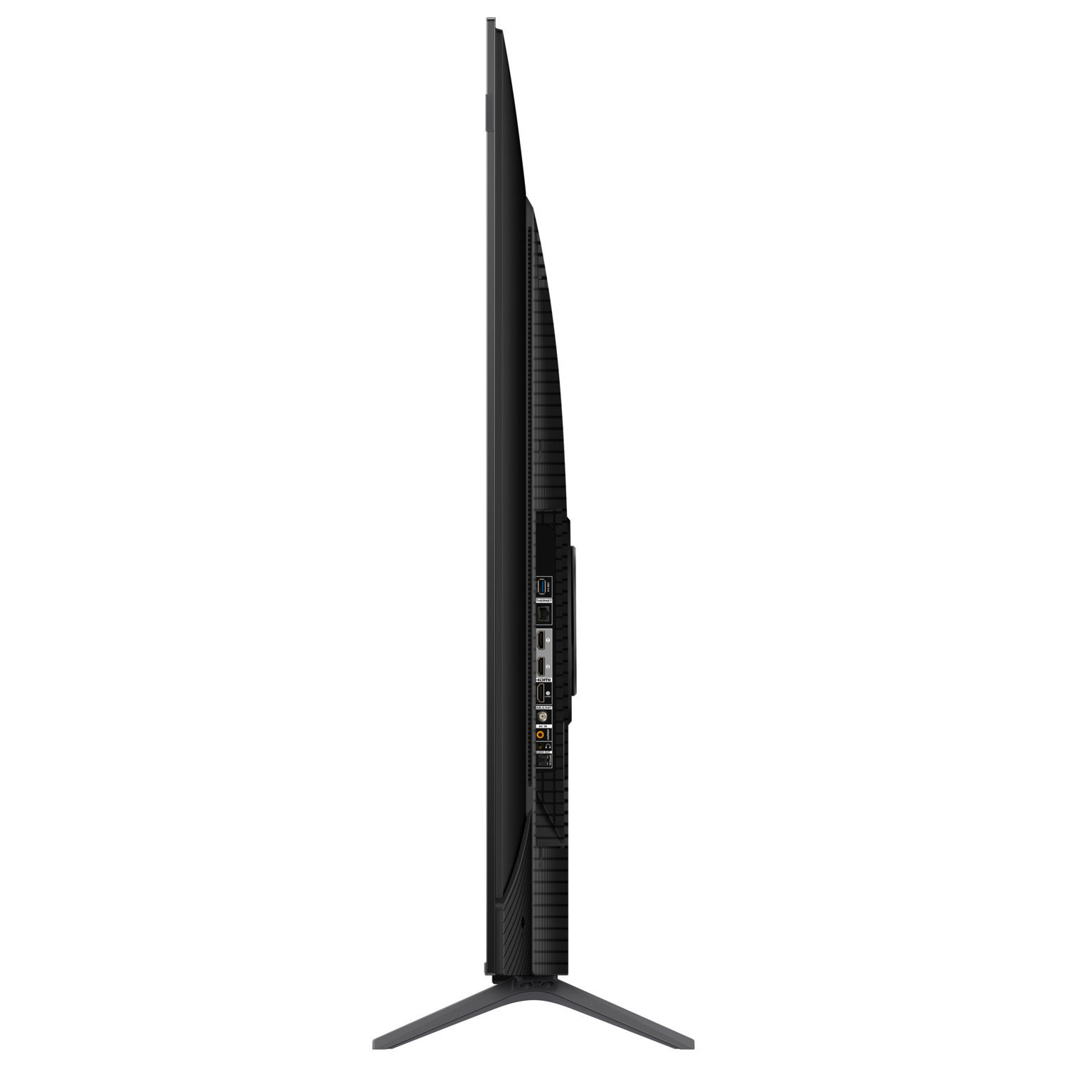 Black TV side view. Shows ports and connections, a sleek design, and a stand.