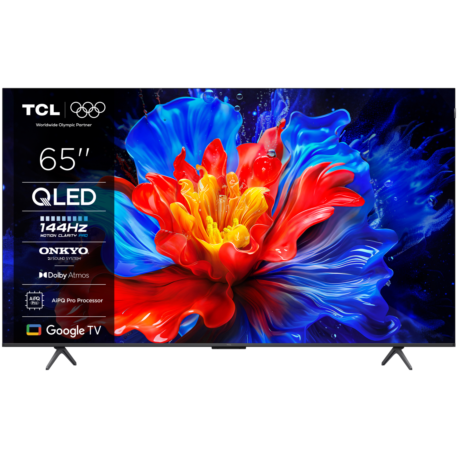TCL QLED TV, with a colorful floral display.
