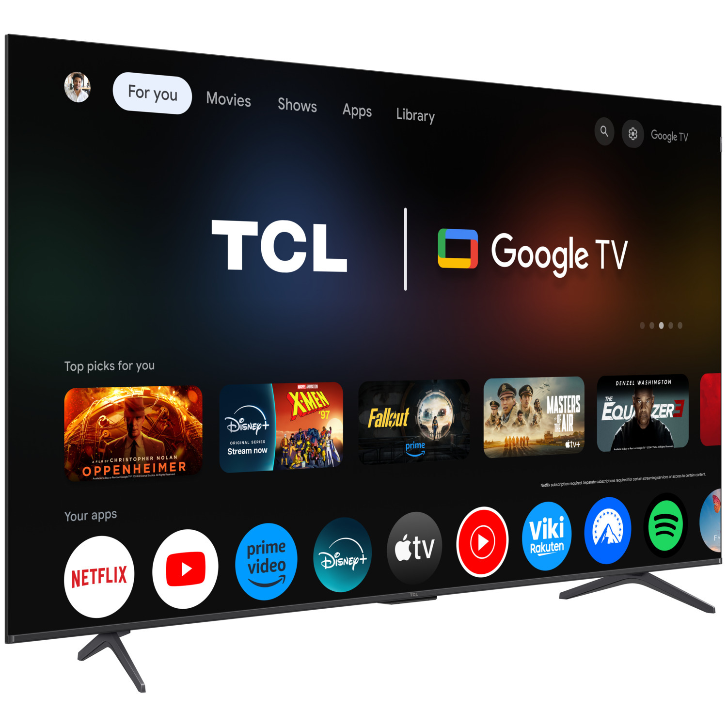 TCL Google TV. On-screen menu with app icons. Shows movies, shows, apps, library. Black frame, legs.
