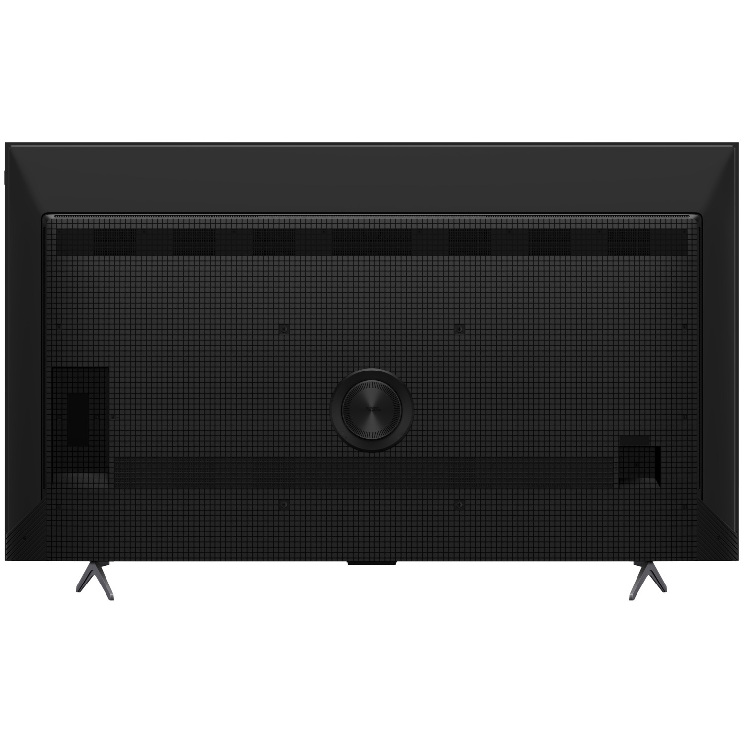Back of a black TV with a grid pattern and two metal feet.