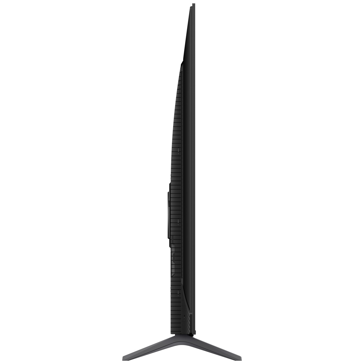 Profile view of a black TV with a thin frame and stand. It's on a white background.