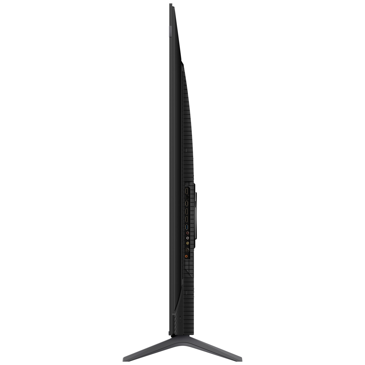 Black TV from the side, showing ports and stand.