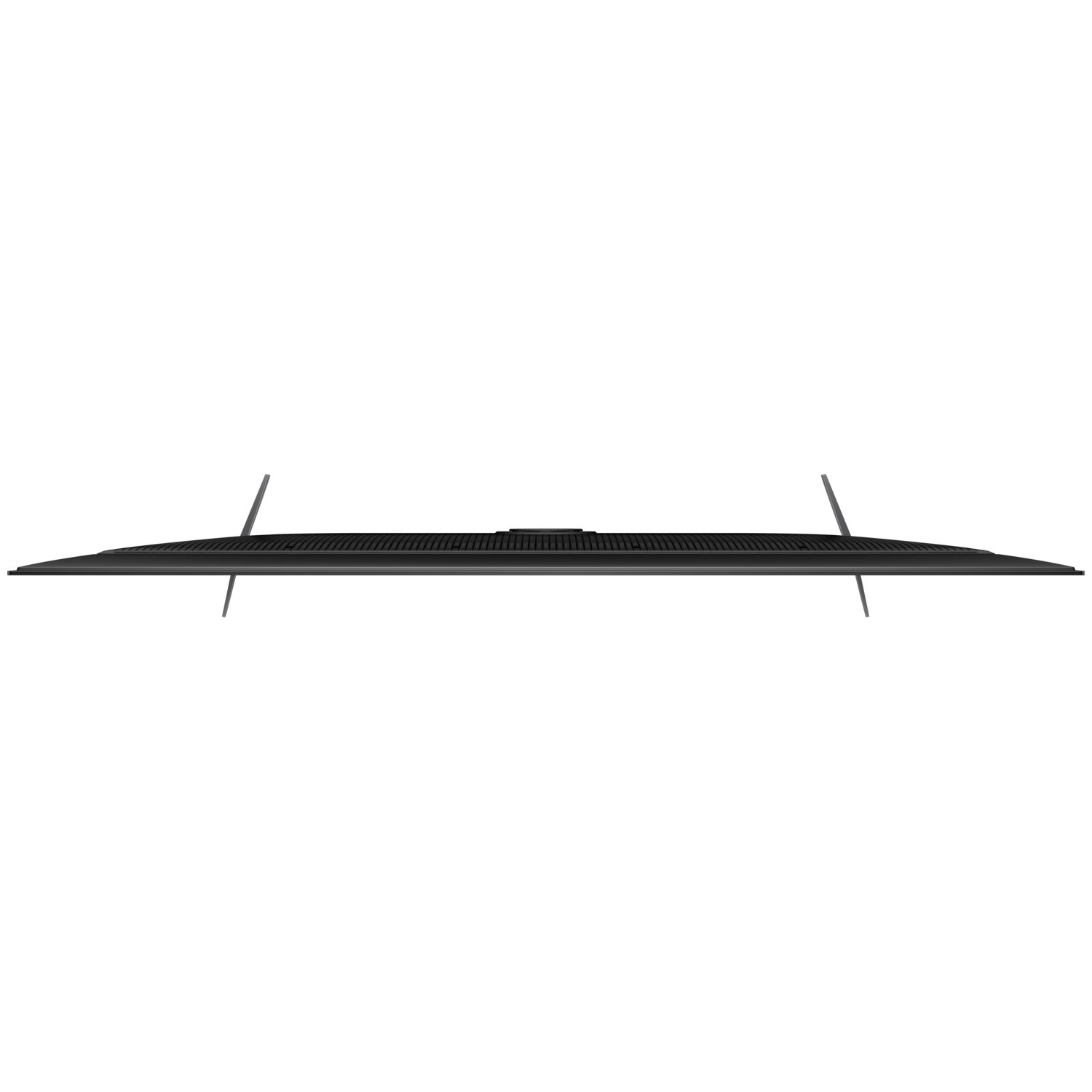 Top view of a black TV with thin legs.