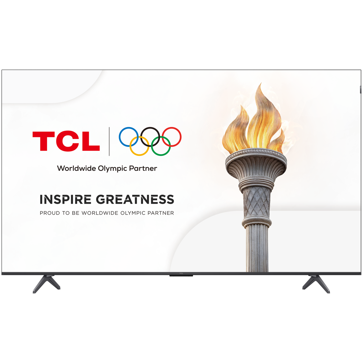 A TCL TV screen displays the Olympic rings, a torch, and the words 'Inspire Greatness'.