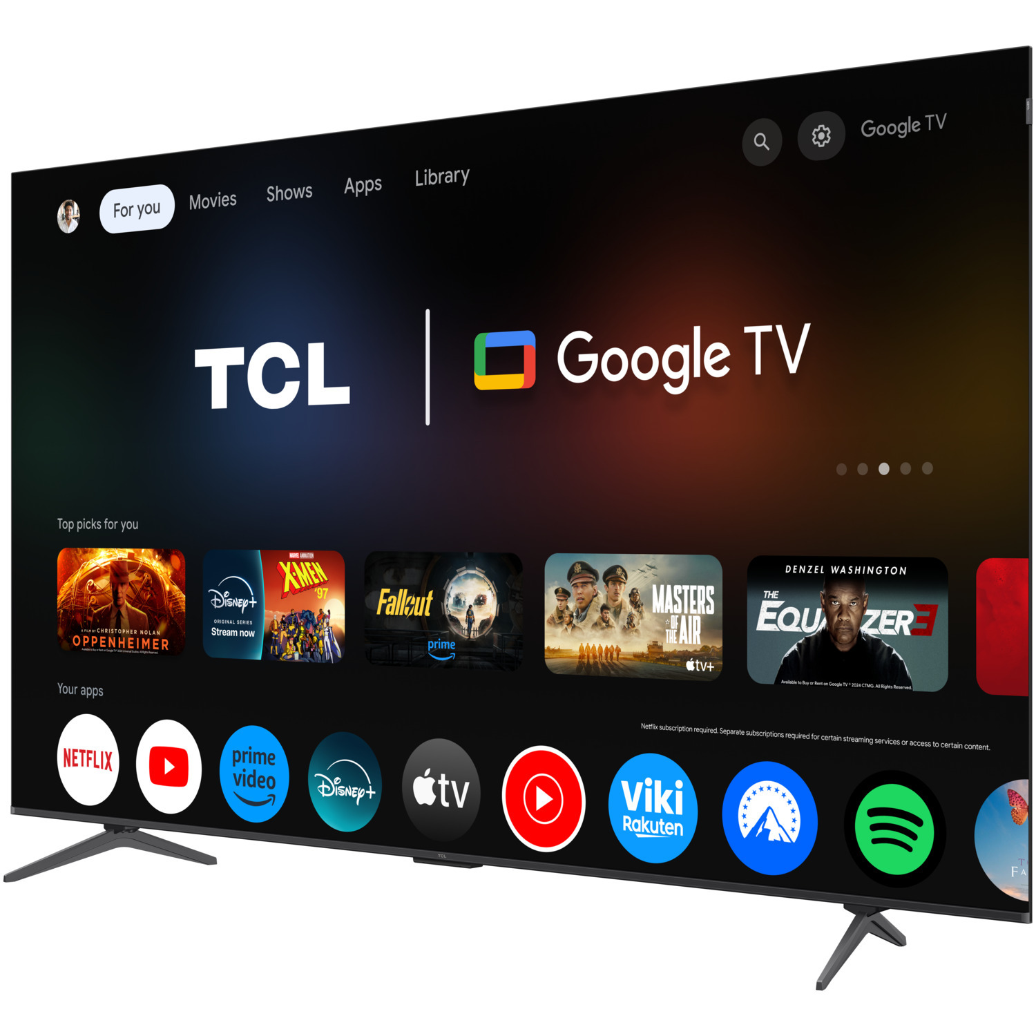 TCL Google TV. Un téléviseur affiche des applications comme Netflix et Disney+. Cadre noir.