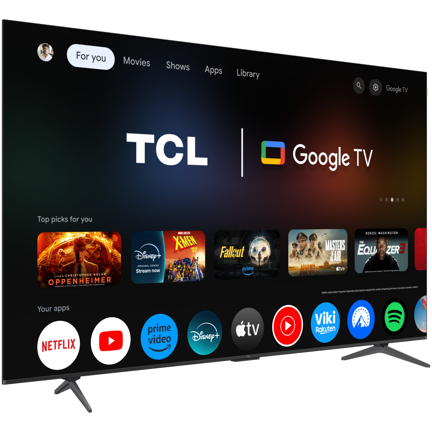 Interface TCL Google TV affichée sur un grand écran de télévision noir.