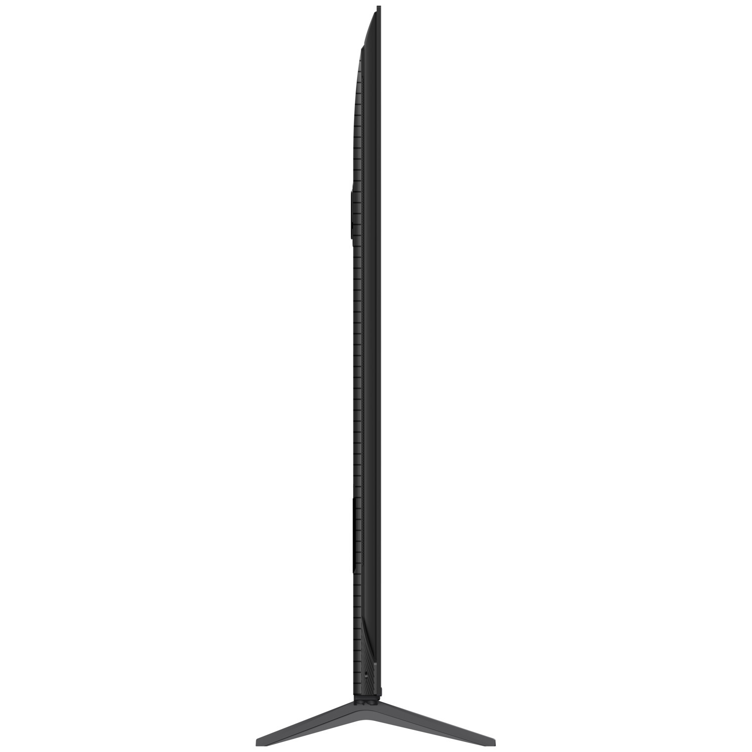 Vue latérale d'une TV noire avec un pied. La TV est haute et fine, avec un design élégant.
