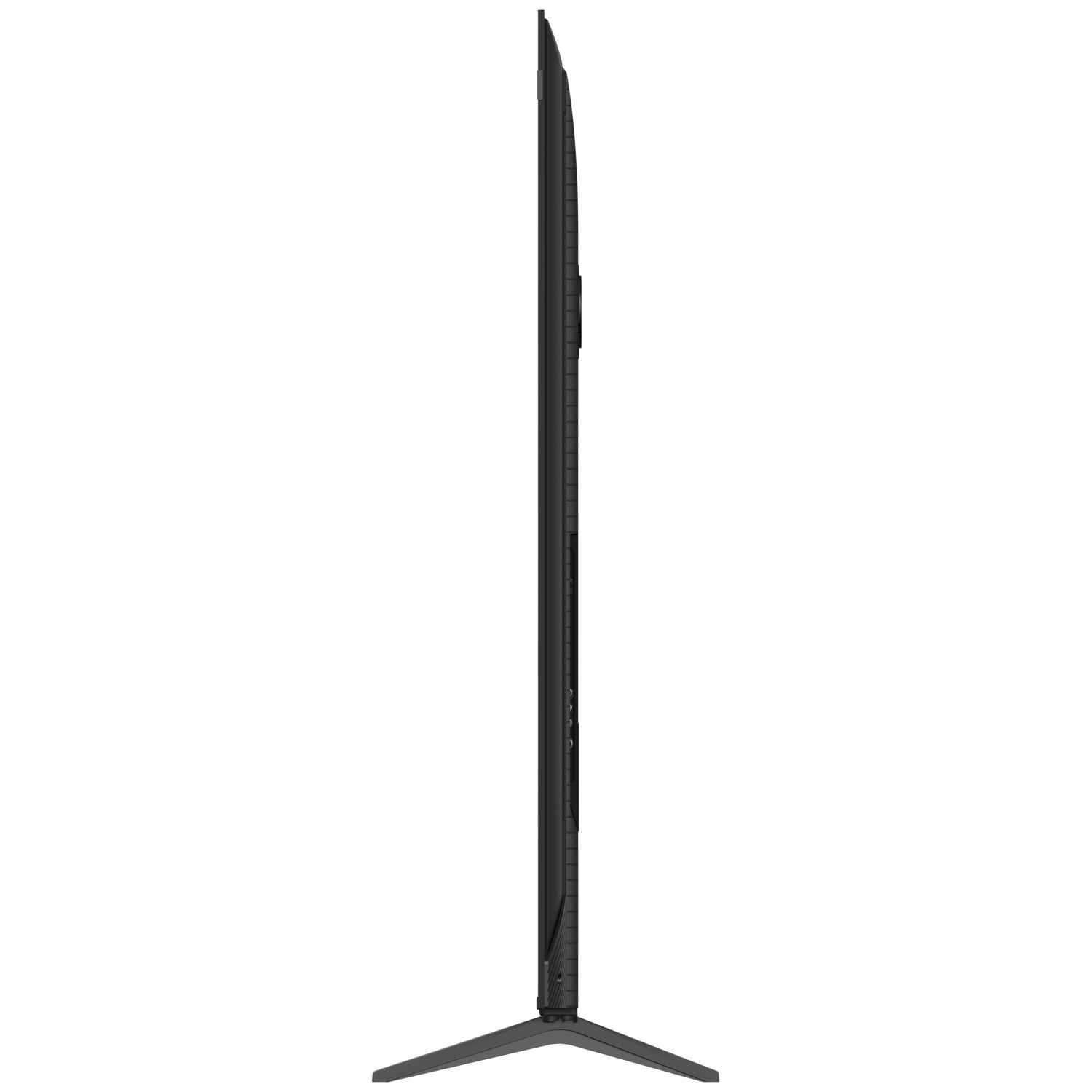 Vue latérale d'une télévision noire et élégante. Il a un cadre fin, un pied et est très mince.