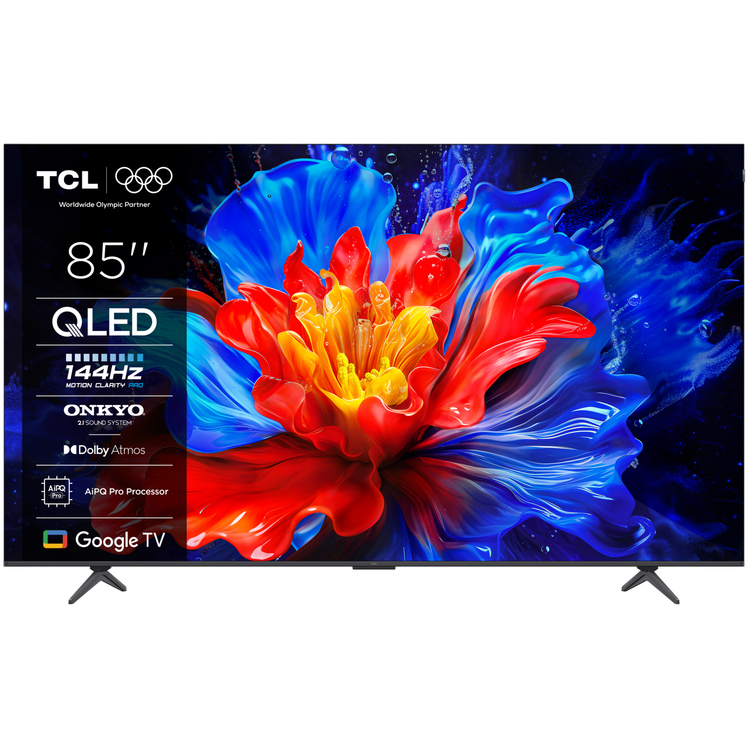 TV TCL QLED 85". L'écran affiche un art floral coloré. Fonctions : 144Hz, son Onkyo, Dolby Atmos, processeur AIPQ et Google TV.