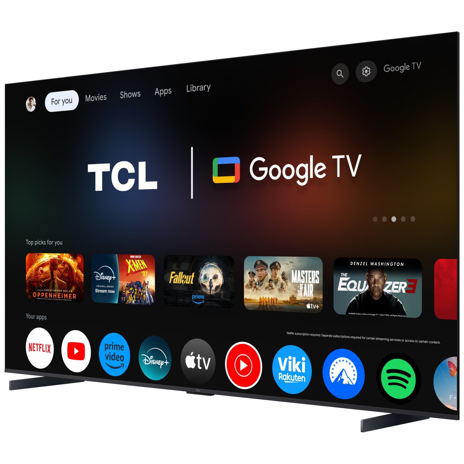 A TCL Google TV, showing the interface with apps. Includes Netflix, Prime Video, Disney+, and others.