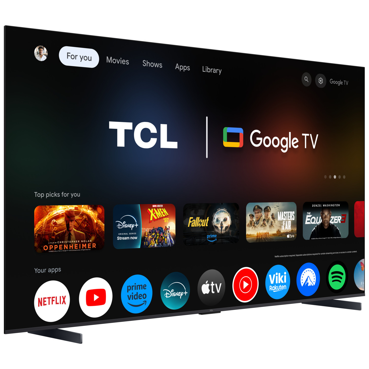 TCL Google TV screen displays apps like Netflix, Prime Video, and Disney+.