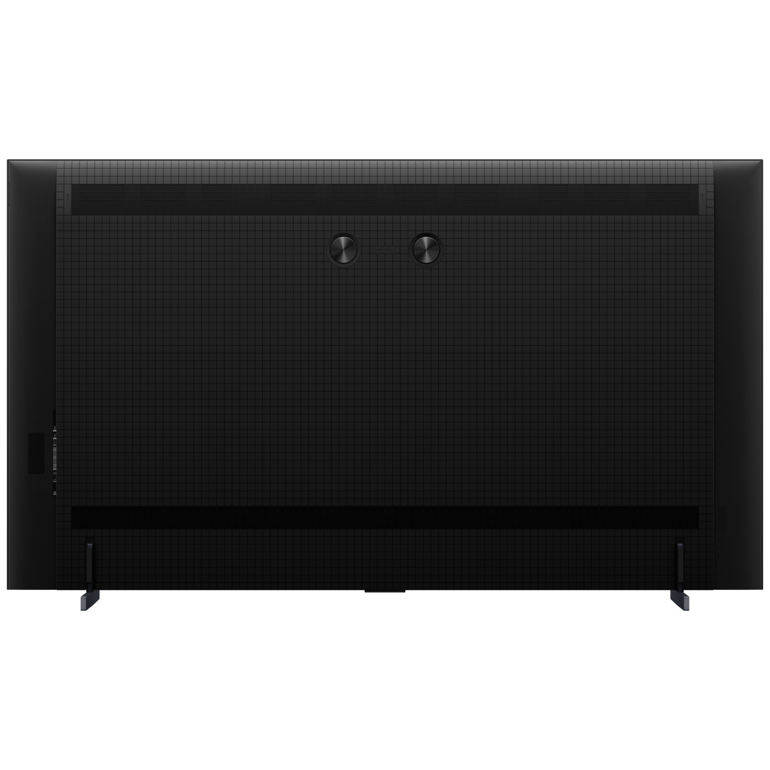 Back view of a modern black TV with a grid pattern. Two circular buttons are in the middle.