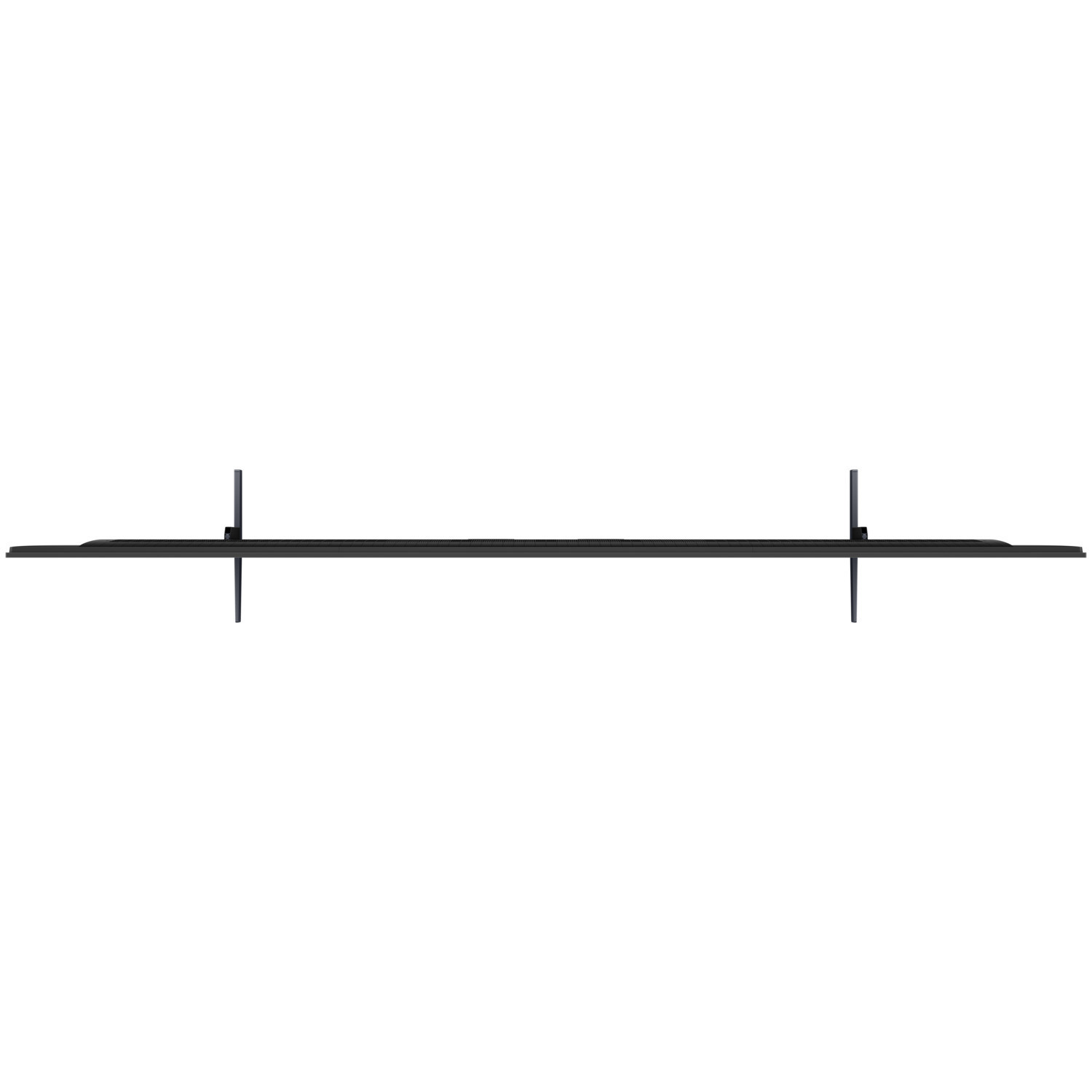 Top view of a thin black TV with two support legs.