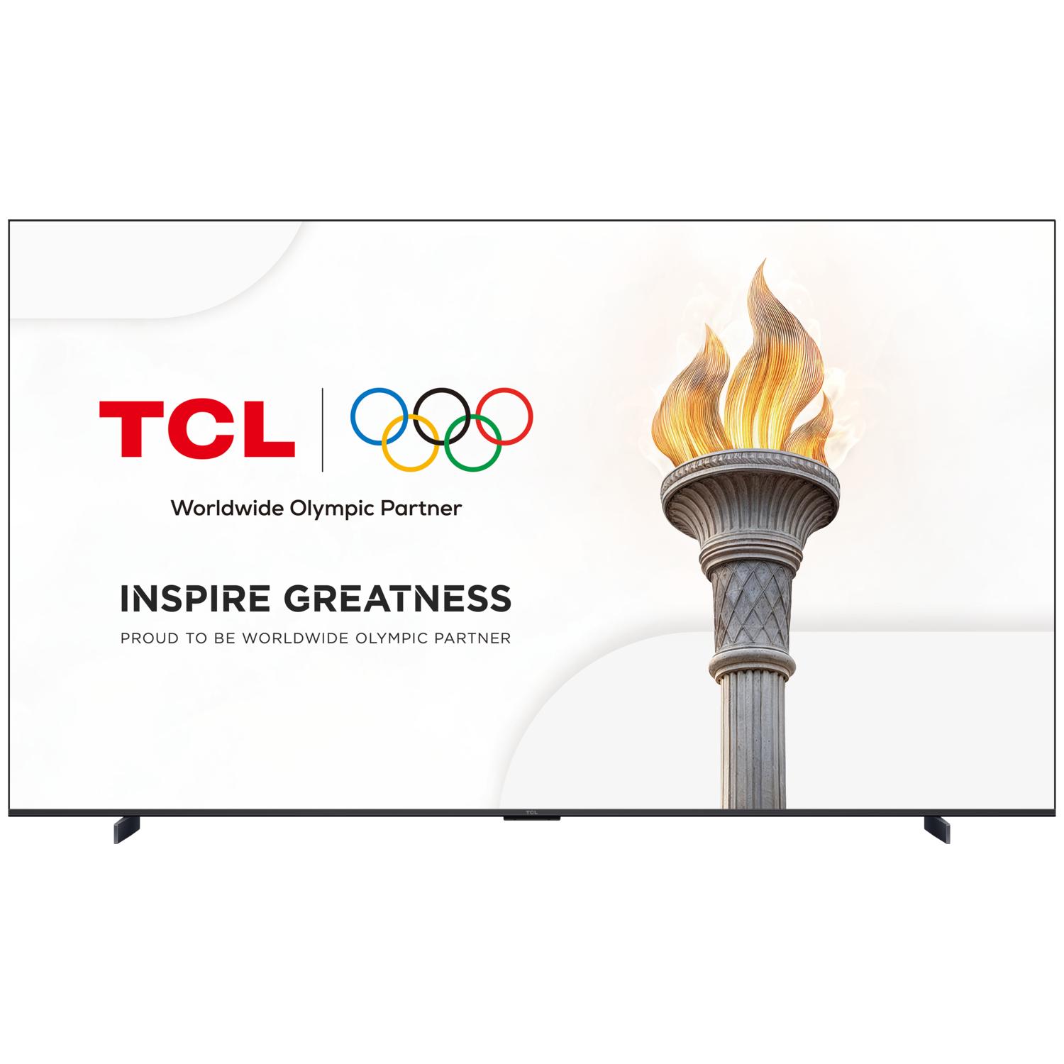A TV displays the Olympic rings and torch, with the TCL logo and text. The background is white.