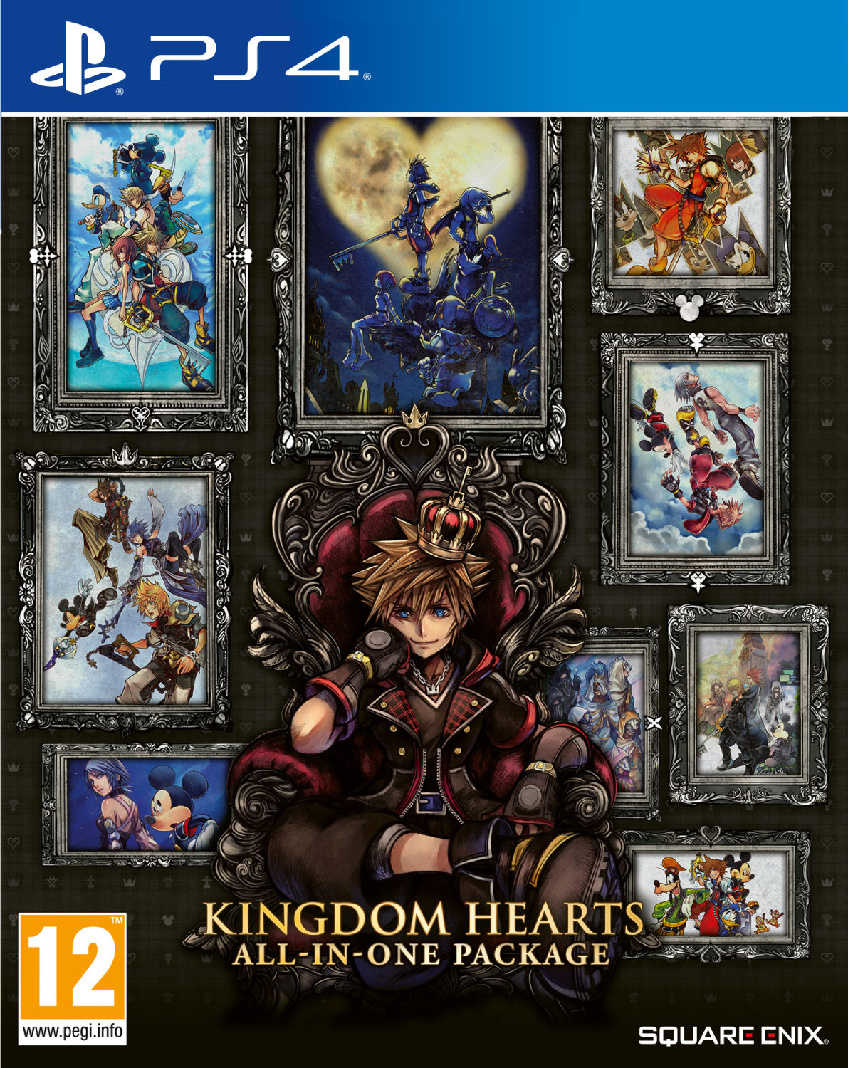 Portada del juego Kingdom Hearts. Sora sentado en un trono rodeado de arte enmarcado. Título y logo de PS4 arriba.
