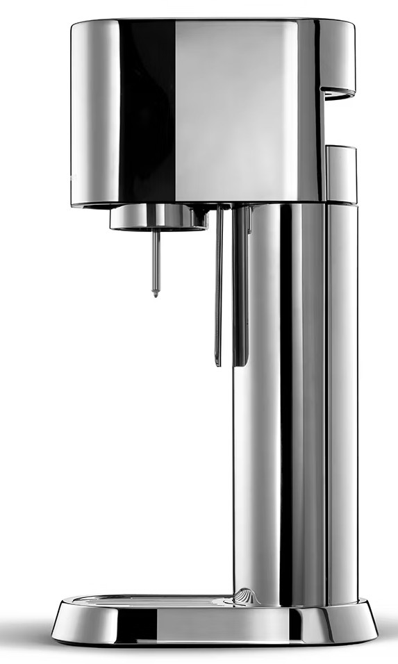 Błyszcząca srebrna maszyna do karbonizacji wody, pionowa, o eleganckim, nowoczesnym designie.