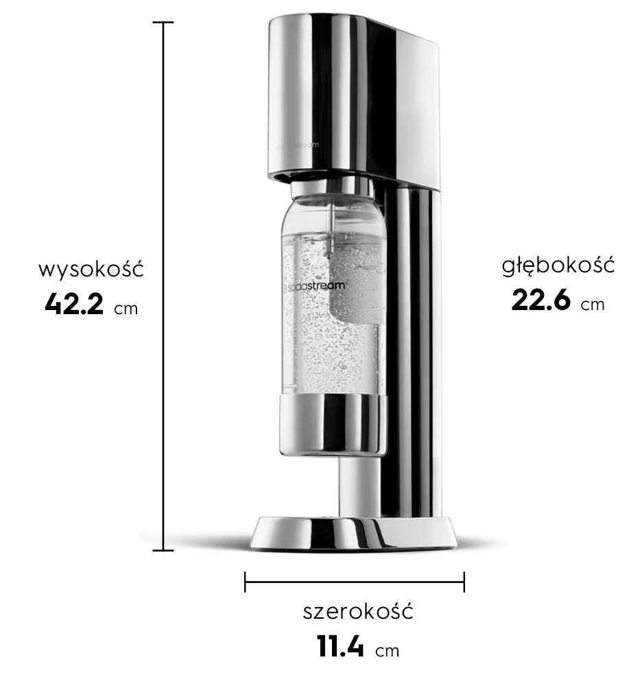 Urządzenie SodaStream z butelką wody, z wymiarami.