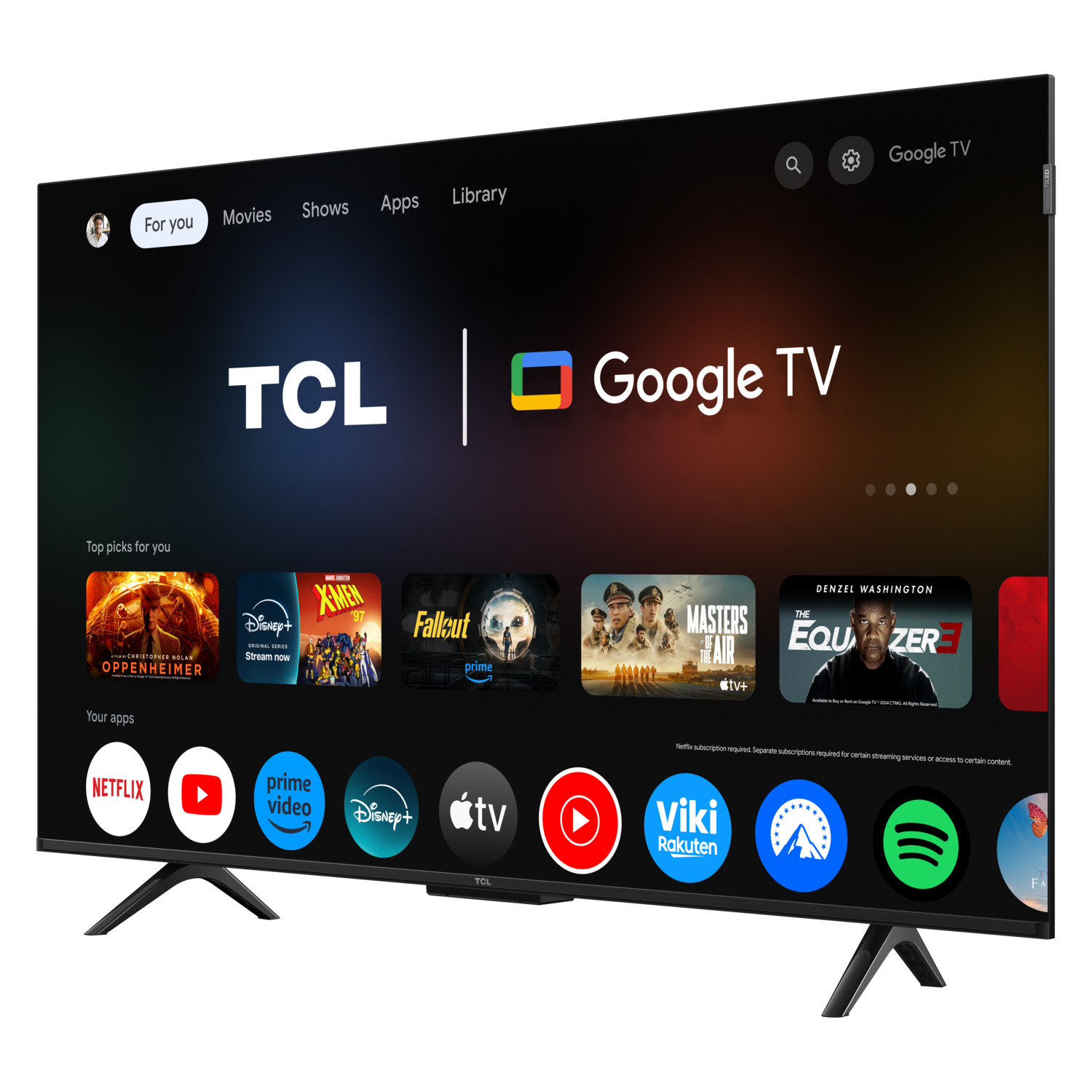 Large TCL Google TV, displaying a menu of streaming apps.