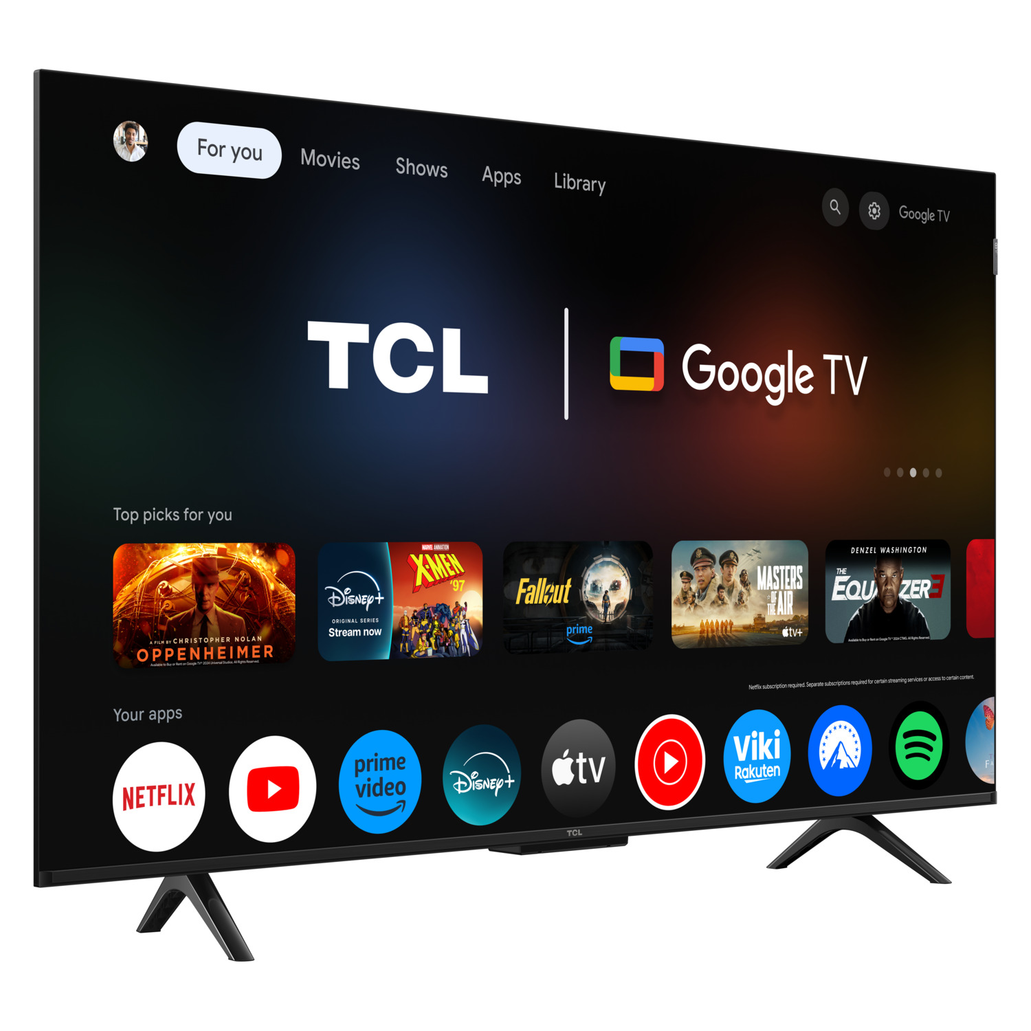 TCL Google TV. For you, movies, shows, apps, library. Apps: Netflix, YouTube, Prime Video, Disney+, etc. Black TV.