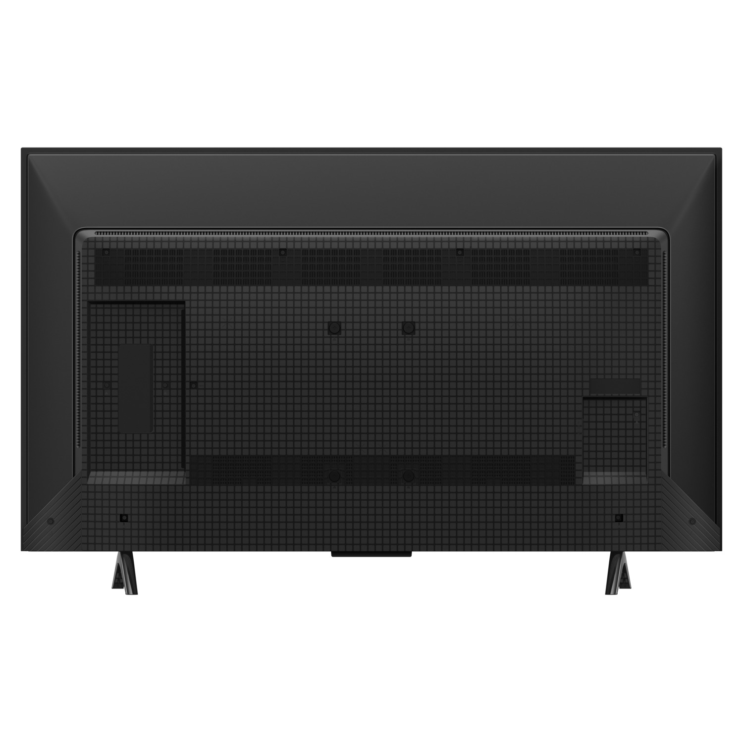Back view of a black flat-screen TV with a grid-patterned back and two legs.