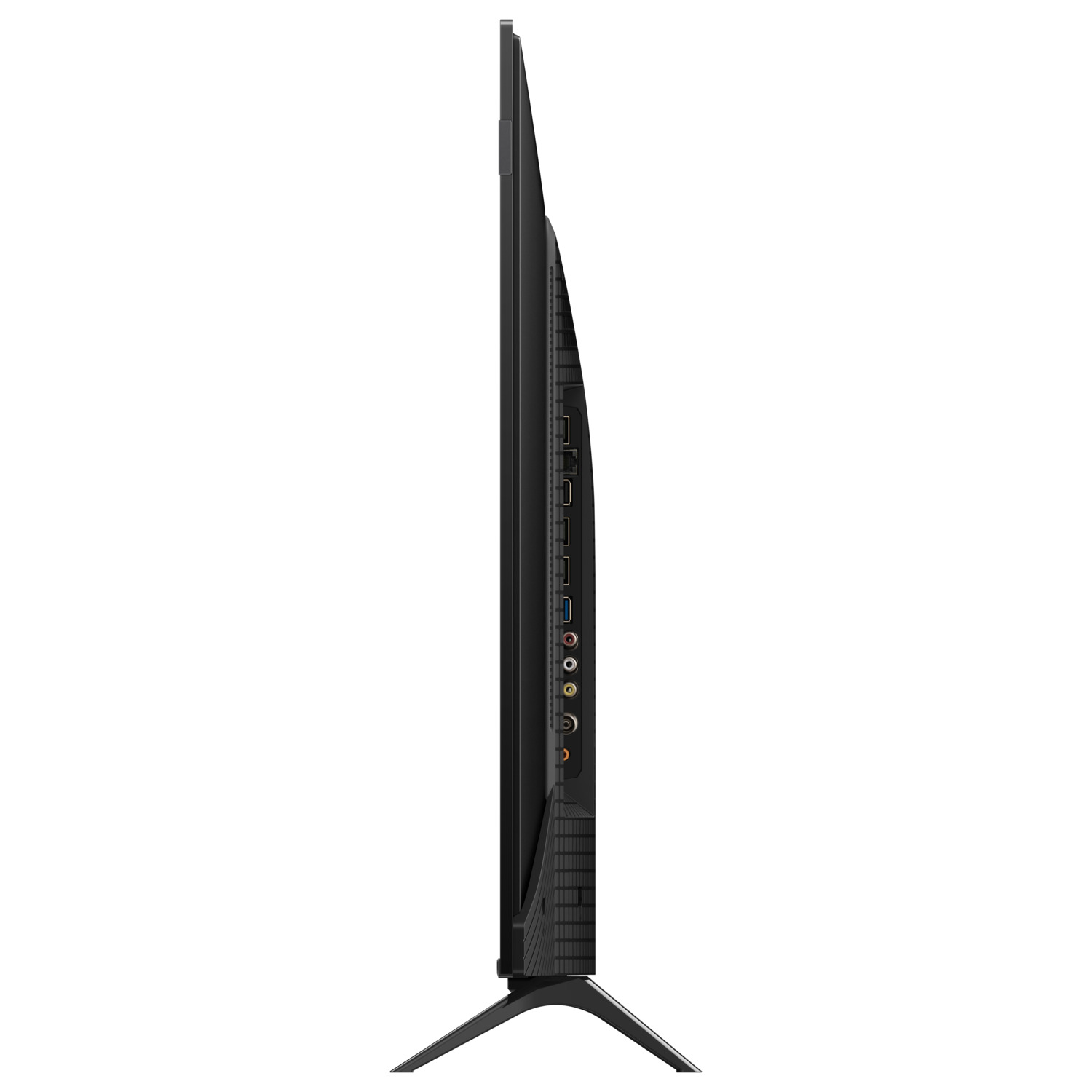 Side view of a slim black TV with multiple ports and a stand.