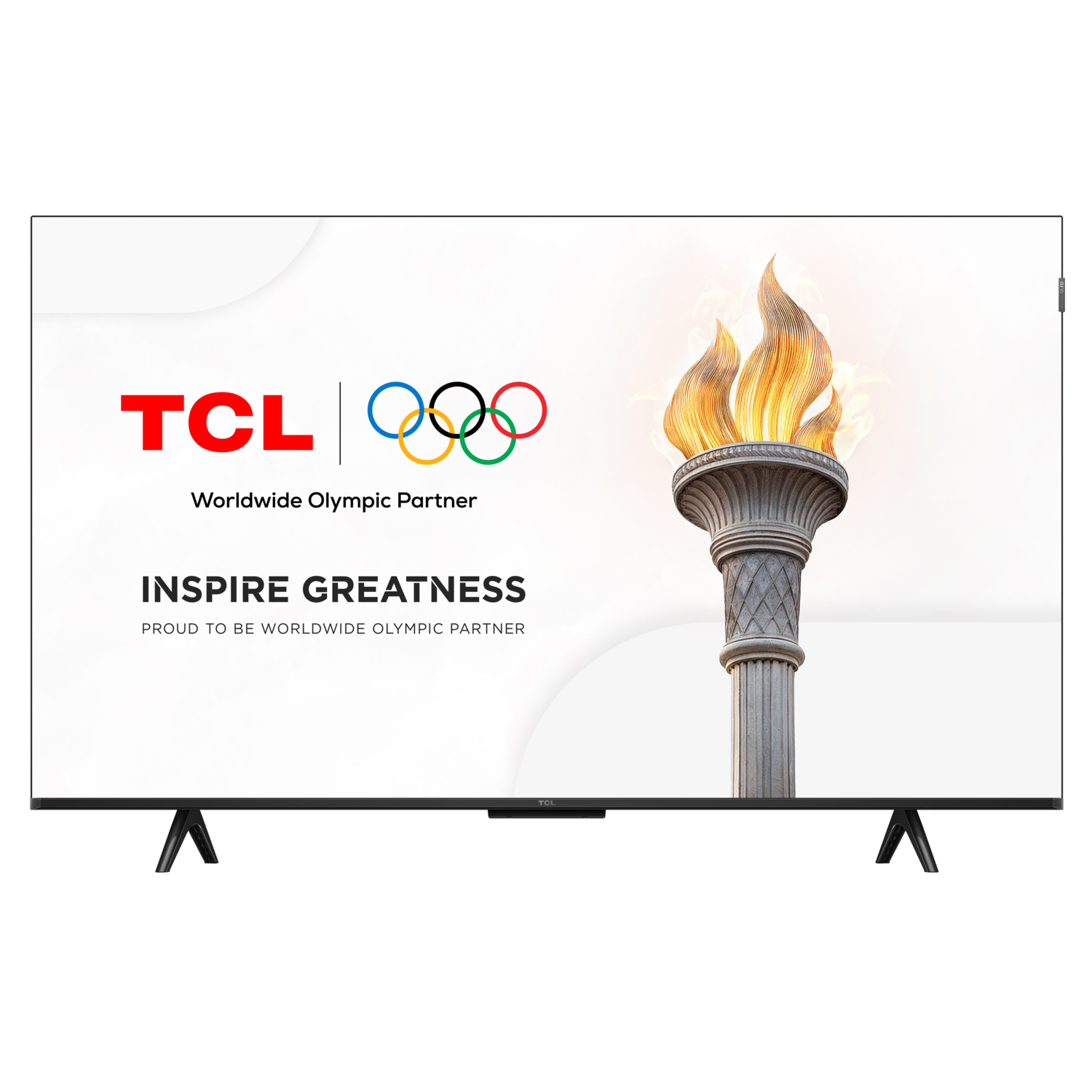 TCL TV displays Olympics logo and torch, with text: Inspire Greatness. Black frame with legs.
