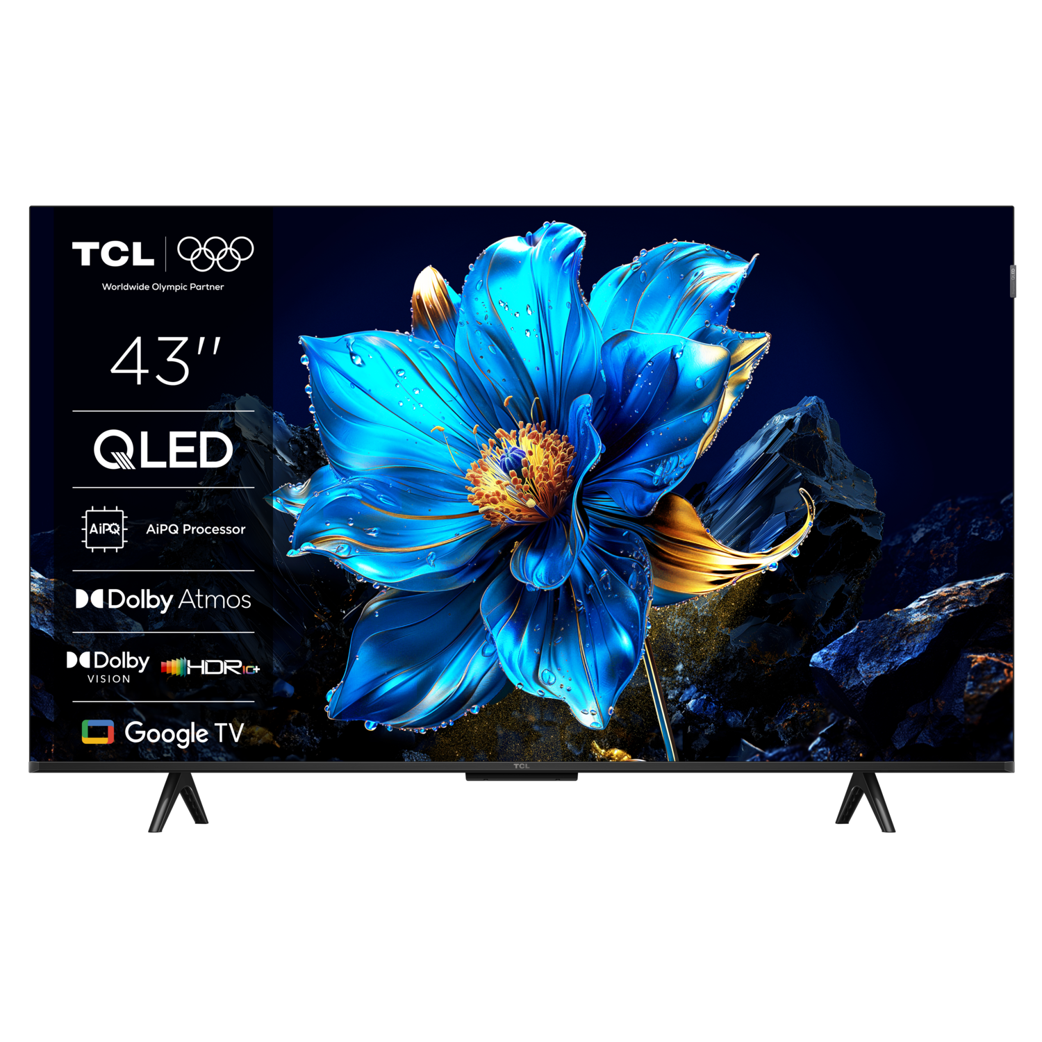 A 43-inch TCL QLED TV, showing the screen and the branding.