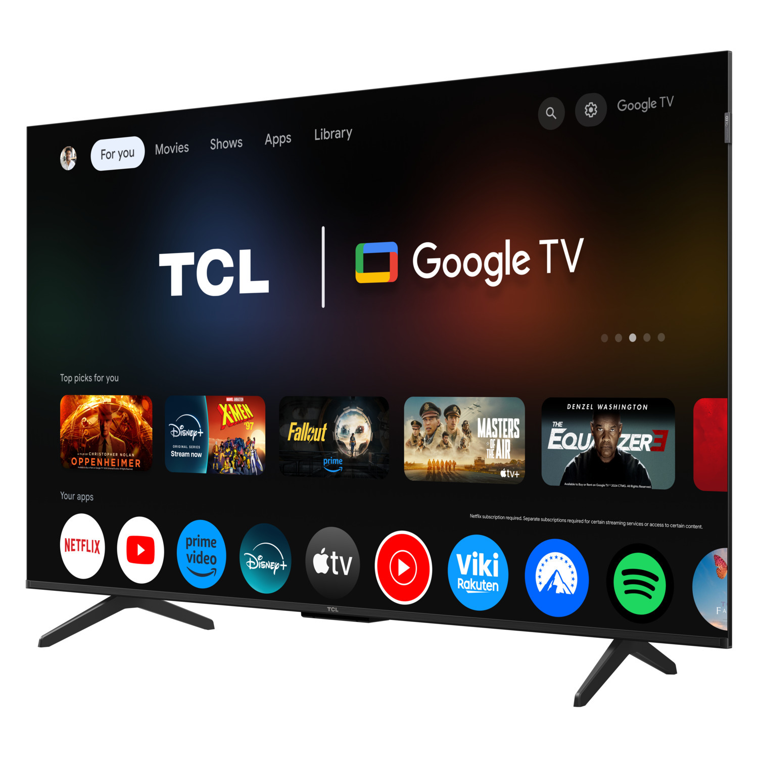 TCL Google TV met app-pictogrammen. Zwarte rand. Menu-opties: For you, Movies, Shows, Apps, Library.