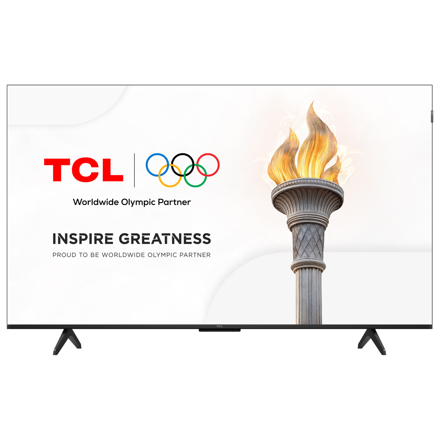 Een TCL TV met Olympische ringen logo en de woorden 'Inspire Greatness'.