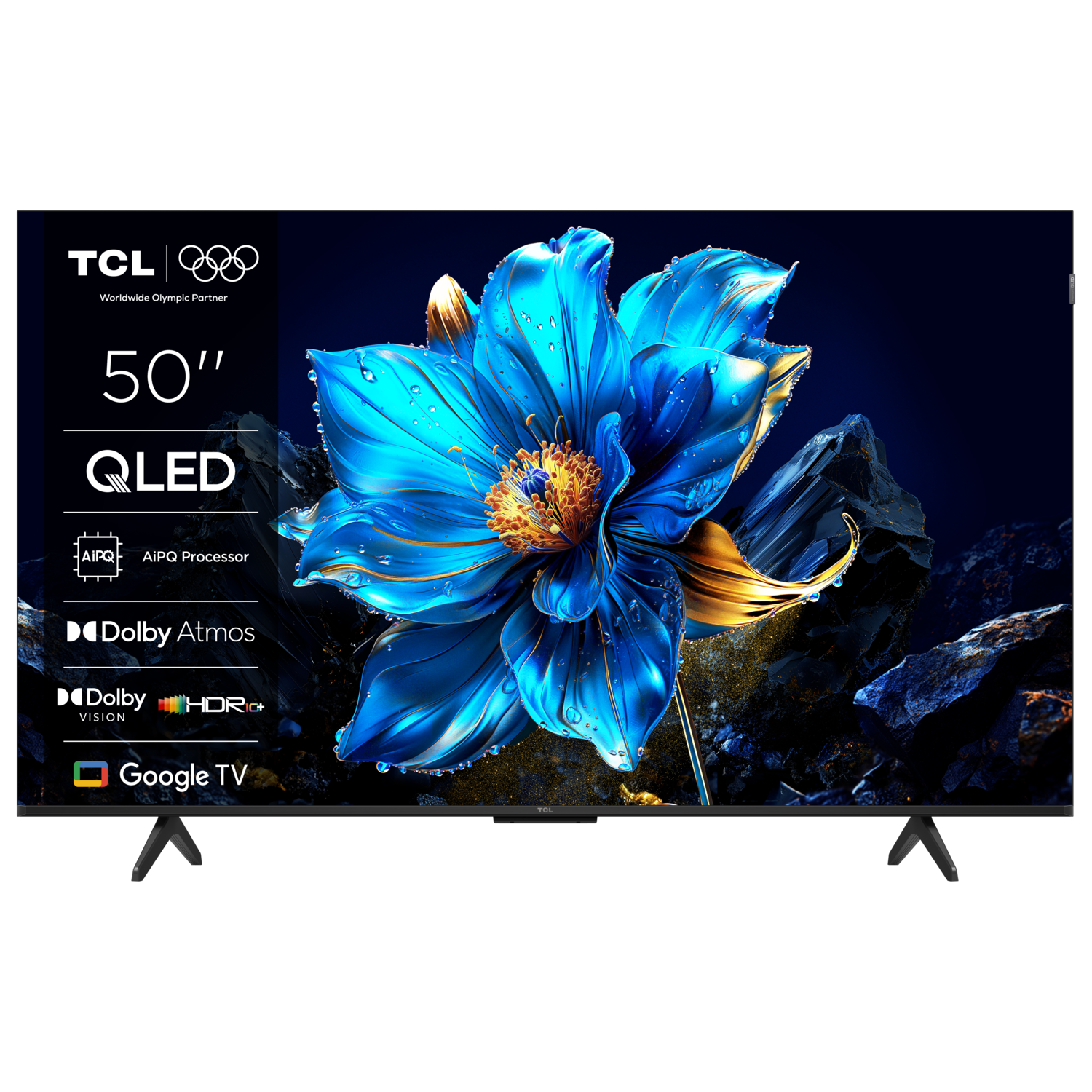 50" TCL QLED TV toont een levendige bloemenafbeelding met tekstoverlays.