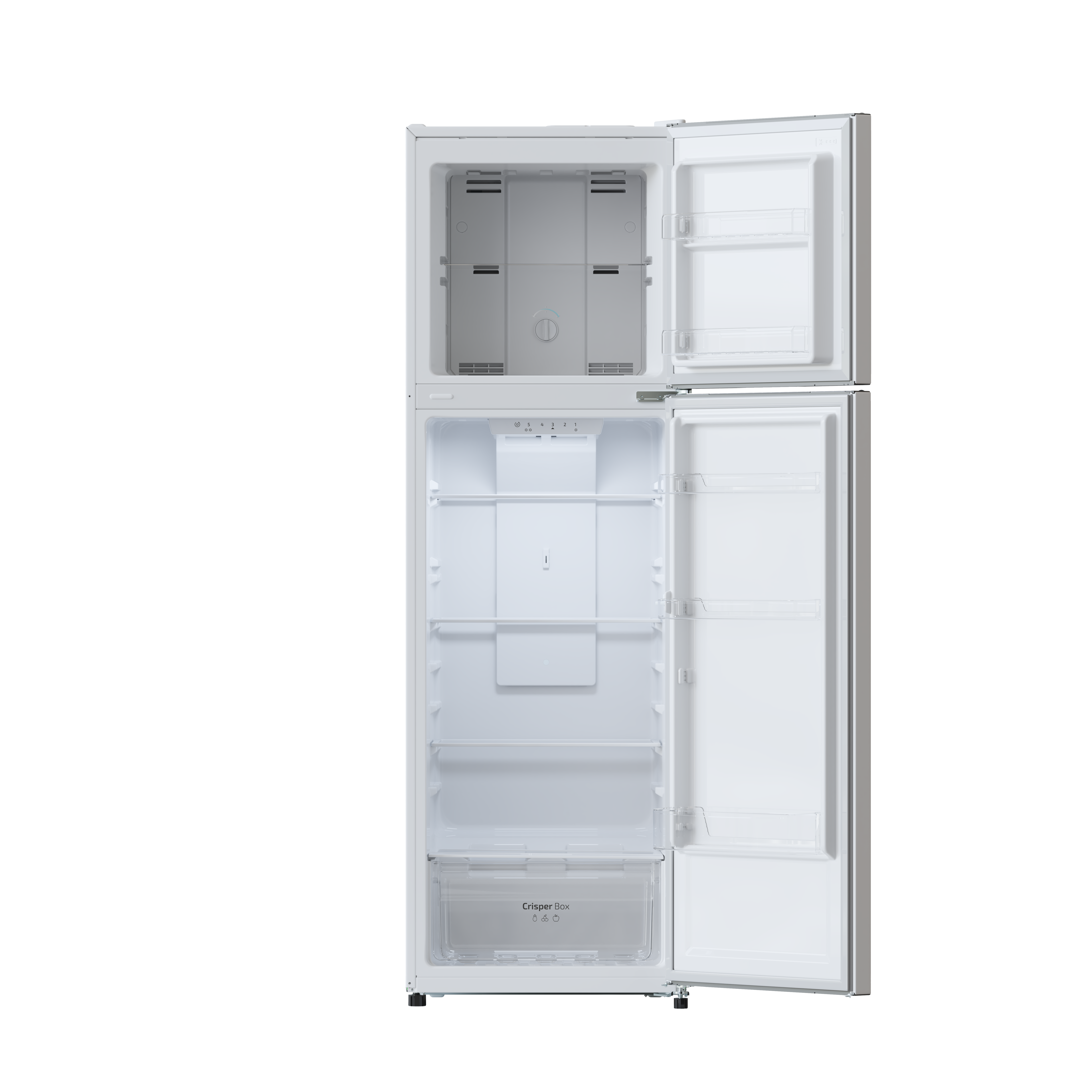 Refrigerador blanco con puertas abiertas, revelando estantes y compartimentos.