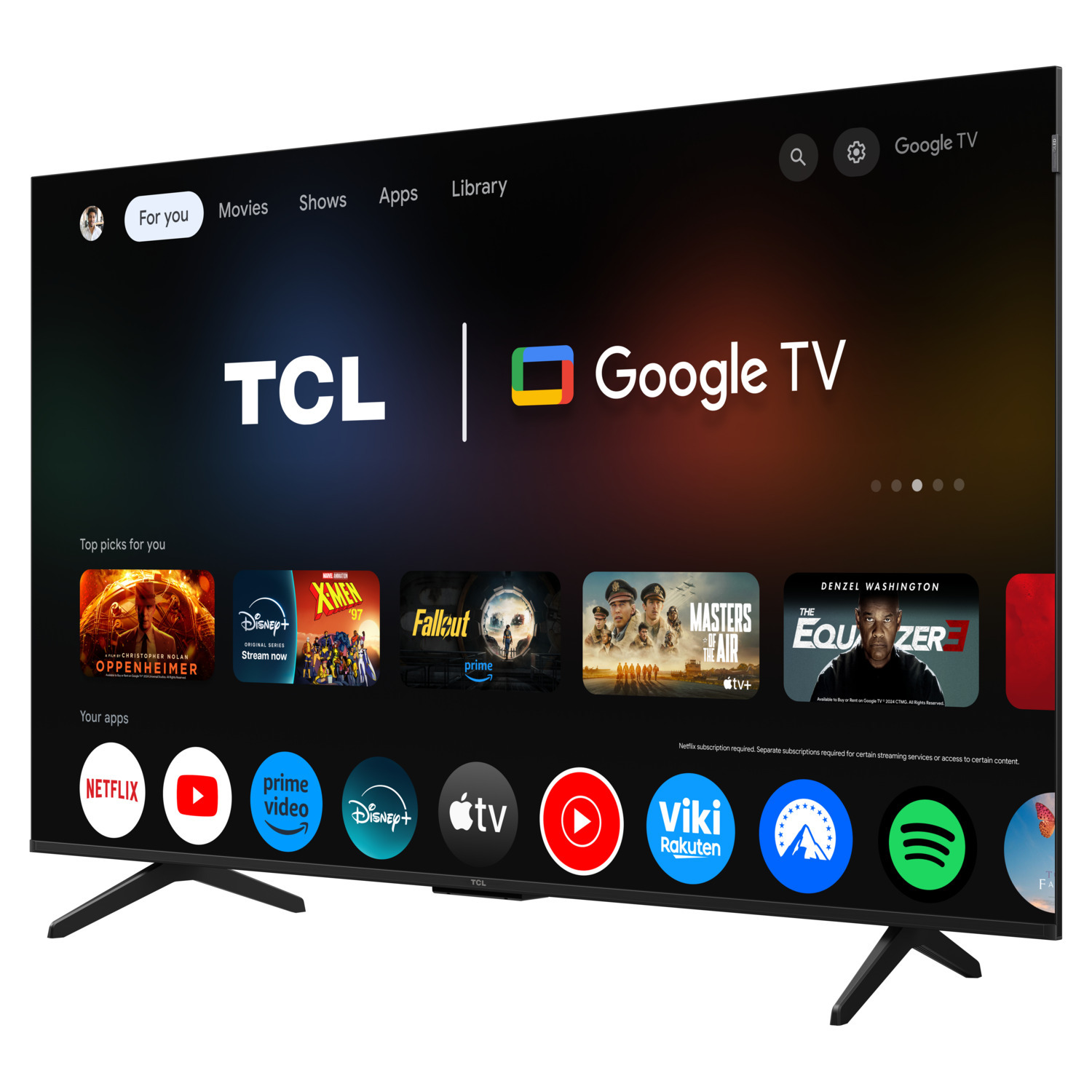 TCL Google TV; hoofdscherm met apps: Netflix, Prime Video, Disney+ etc. op een zwarte tv.