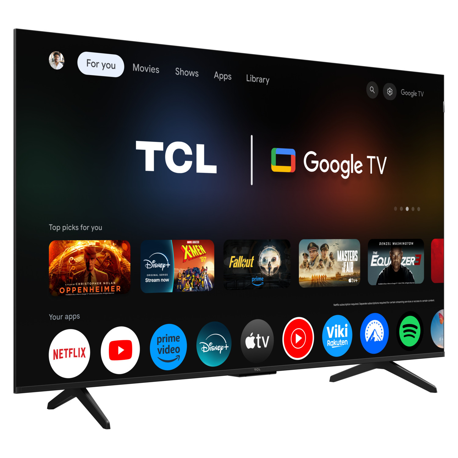 Een TCL Google TV scherm met apps. Het scherm toont apps zoals Netflix, YouTube en Disney+.