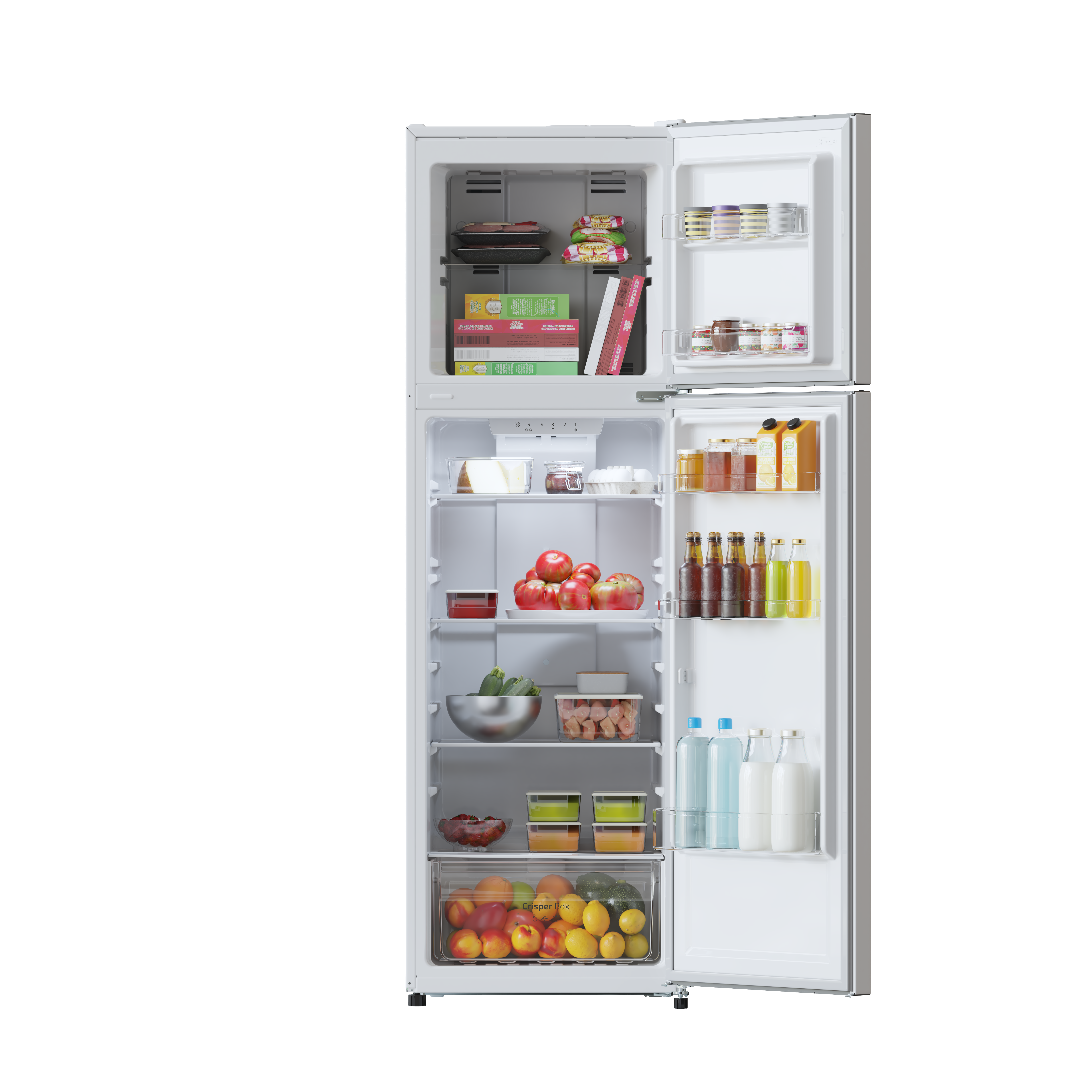 Un refrigerador blanco abierto lleno de alimentos, se ven estantes y cajones.