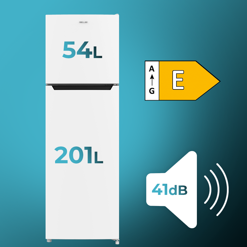 Un refrigerador blanco con detalles de capacidad. Arriba 54L, abajo 201L y una clasificación energética.