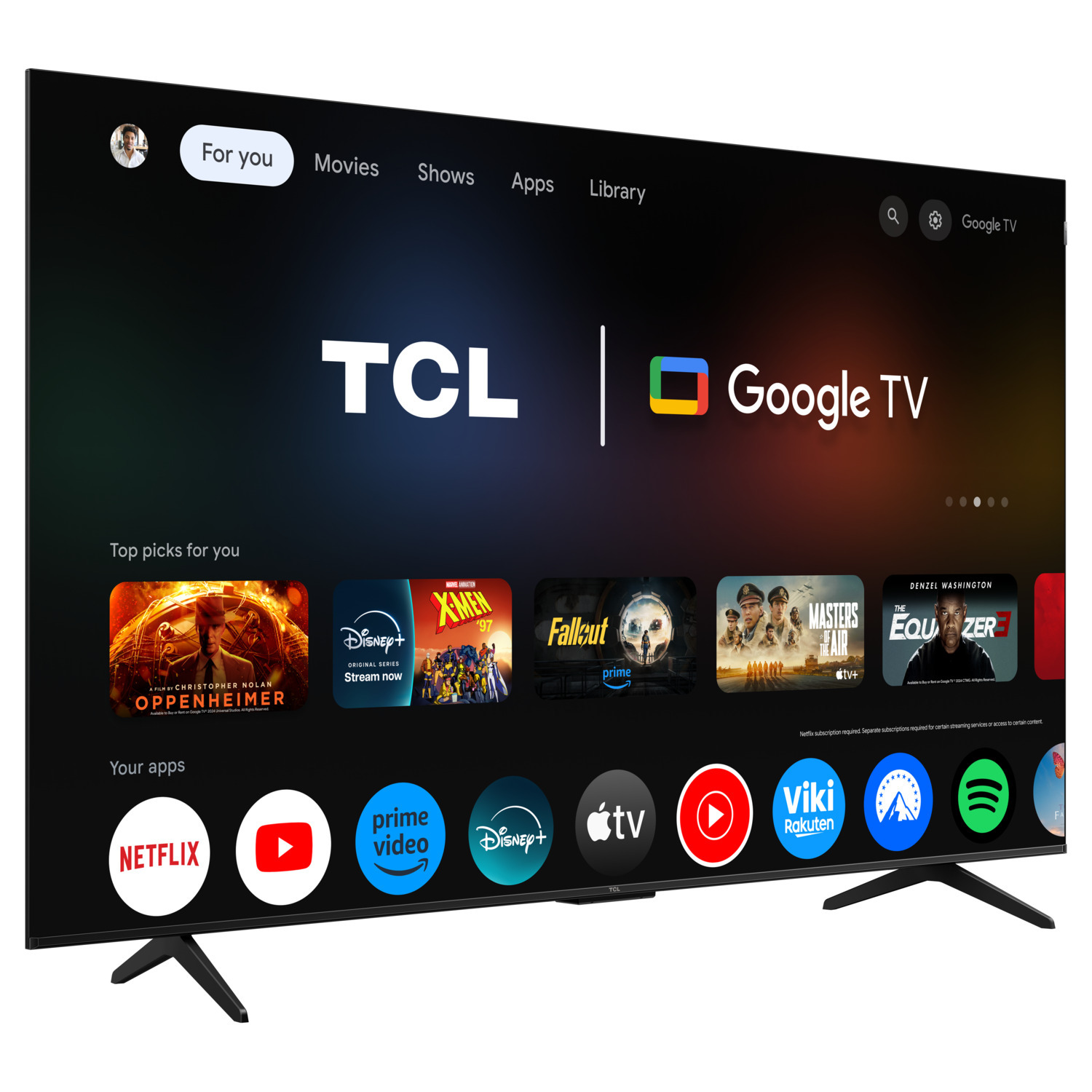 A black TCL Google TV showing app icons and menu options. The screen displays the logo.
