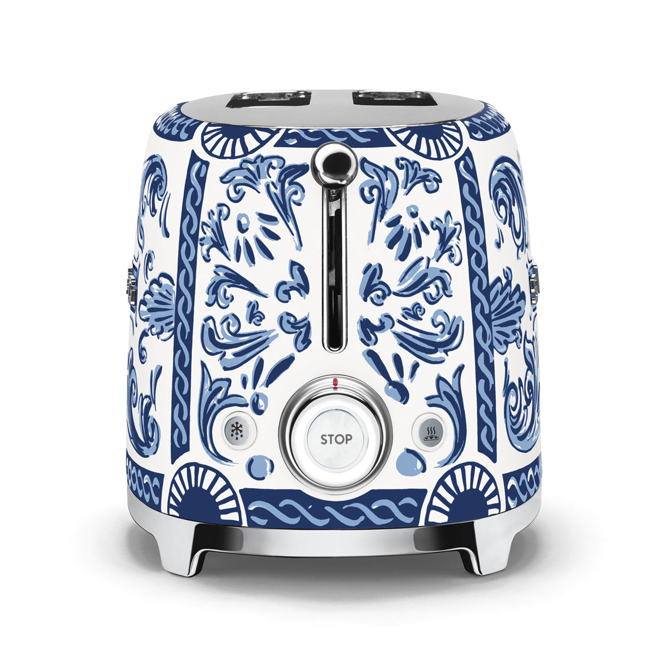 Una tostadora blanca y azul estampada con un botón de parada y un dial.