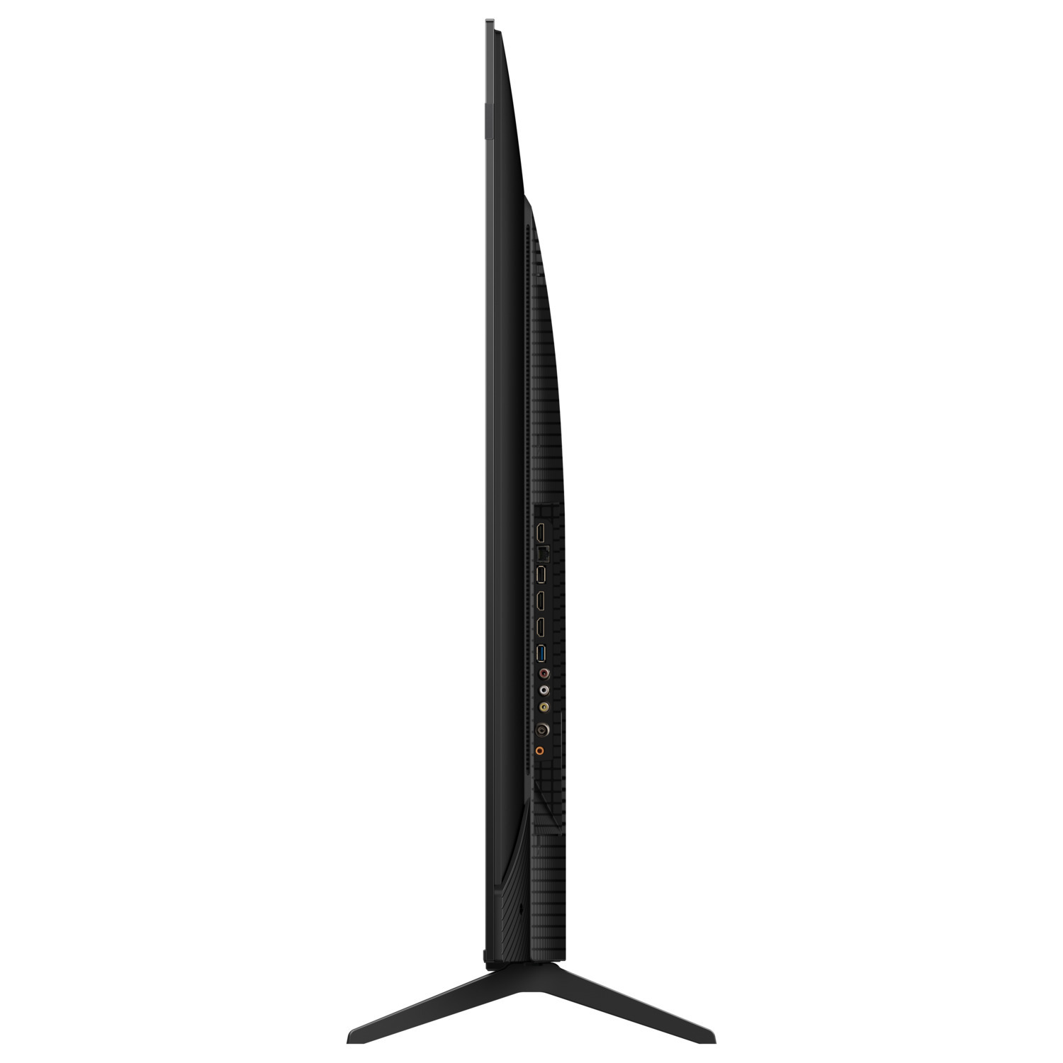 Side view of a black TV with ports and a stand. The side is sleek.