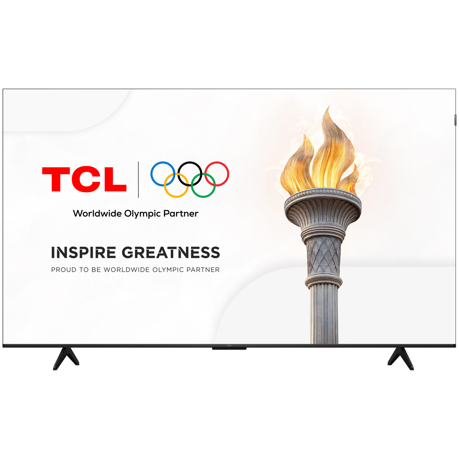 TCL TV with a logo and Olympic rings, and a torch image on the screen.