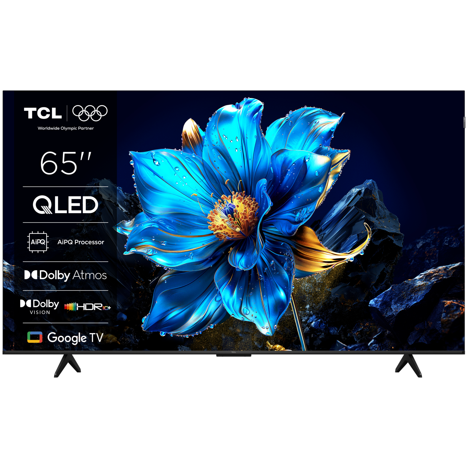 Large TV screen displaying a vibrant flower. The TV has a black frame and stand.