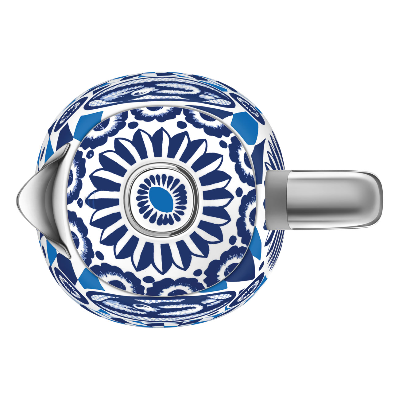 Vista superior de una tetera blanca con diseño floral azul y blanco, asa y boquilla plateadas.